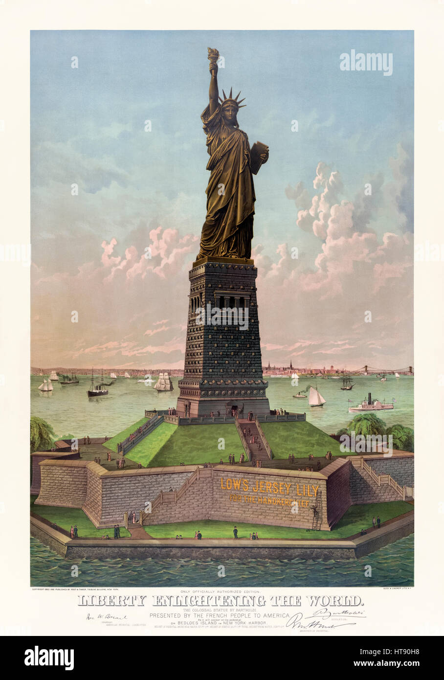 “Liberty Enlightening the World” or the Statue of Liberty. Colour illustration published in 1883 (3 years before installation) showing how the statue designed by Bartholdi would sit on its pedestal on Bedloes (now ‘Liberty’) Island. The illustration shows the statute as it looked in dull copper from its dedication in 1886 until the turn of the century when the now familiar blue green verdigris formed. Also shown is Richard Morris Hunt's original pedestal design before its height was reduced to save money. Stock Photo