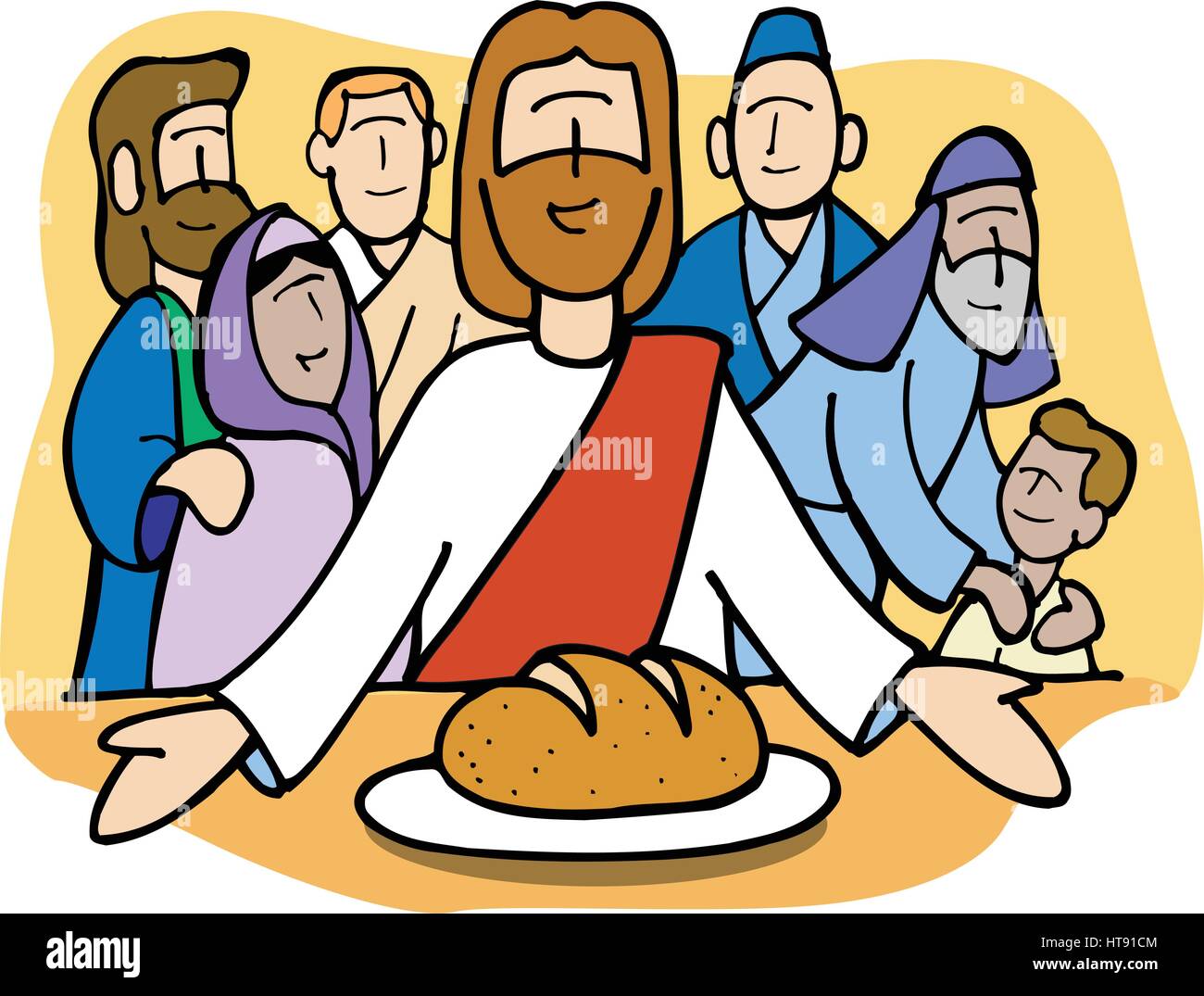 Jesus shares the bread. He also declared, 'I am the bread of life. Jesus took some bread and blessed it. 'Take this and eat it, for this is my body.' Stock Vector