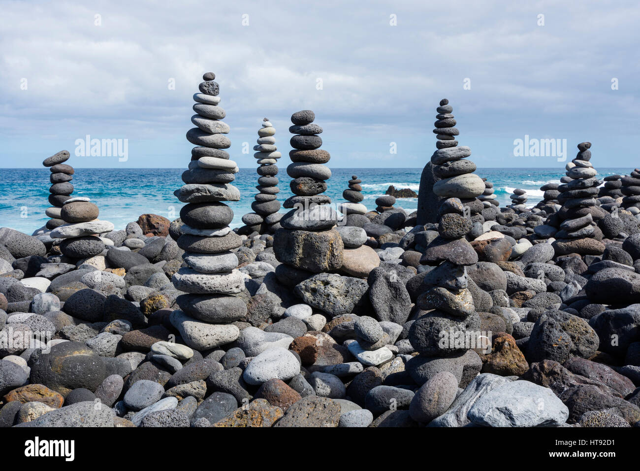 Stone Towers on Beach at Puerto de la Cruz, Tenerife, Canary Islands, Spain Stock Photo