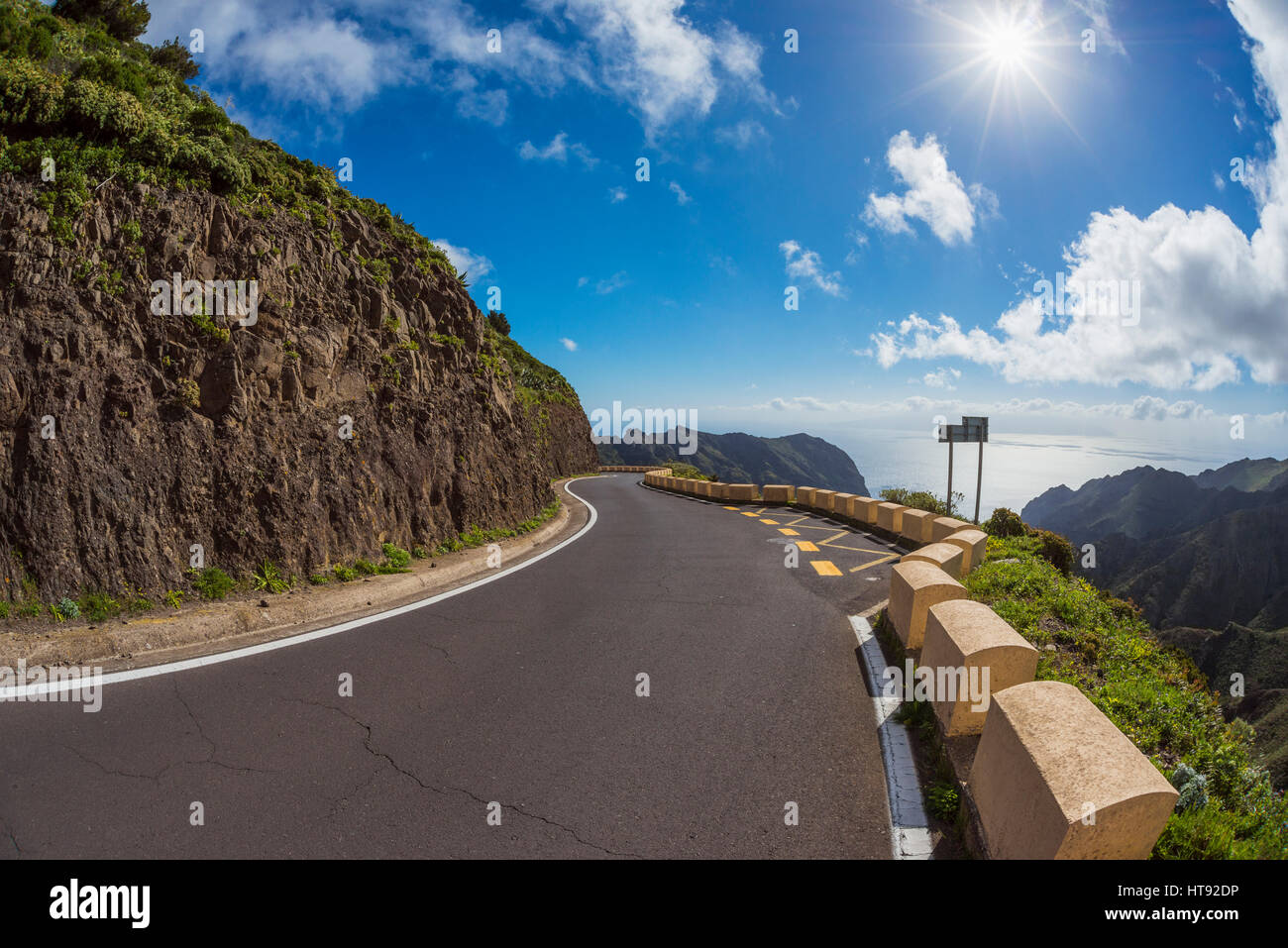 Mountain Pass Road with Sun, Teno Mountains, Masca, Tenerife, Canary Islands, Spain Stock Photo