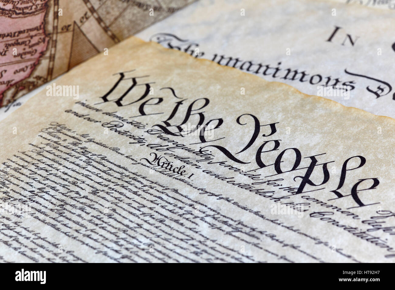 US Constitution, Declaration of Independence, Bill of Rights with an old wolrd map and shallow