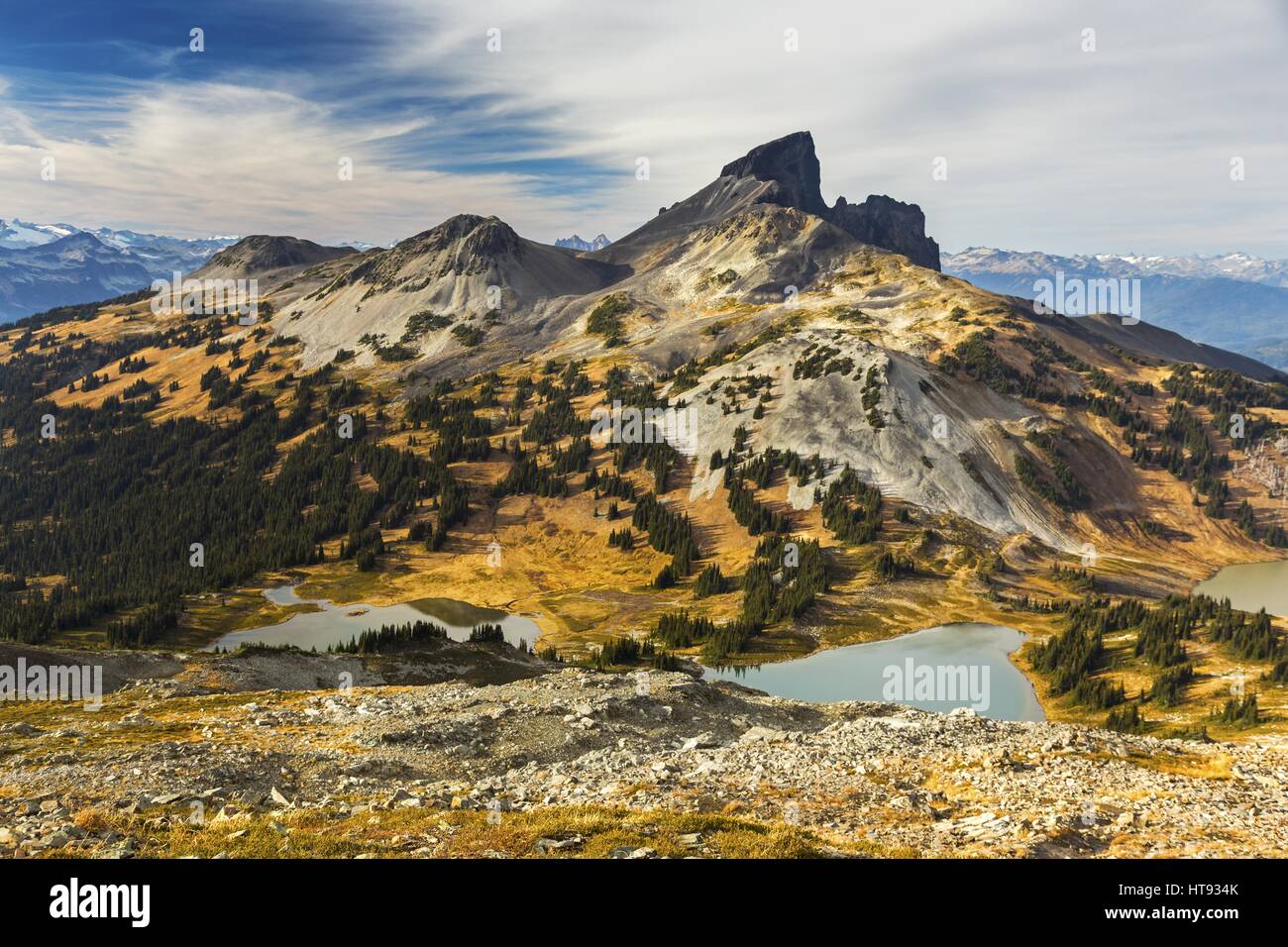 Black Tusk Mountain Top and Scenic Landscape on Great Summer Hiking Trail to Panorama Ridge in Coast Mountains of British Columbia Canada Stock Photo
