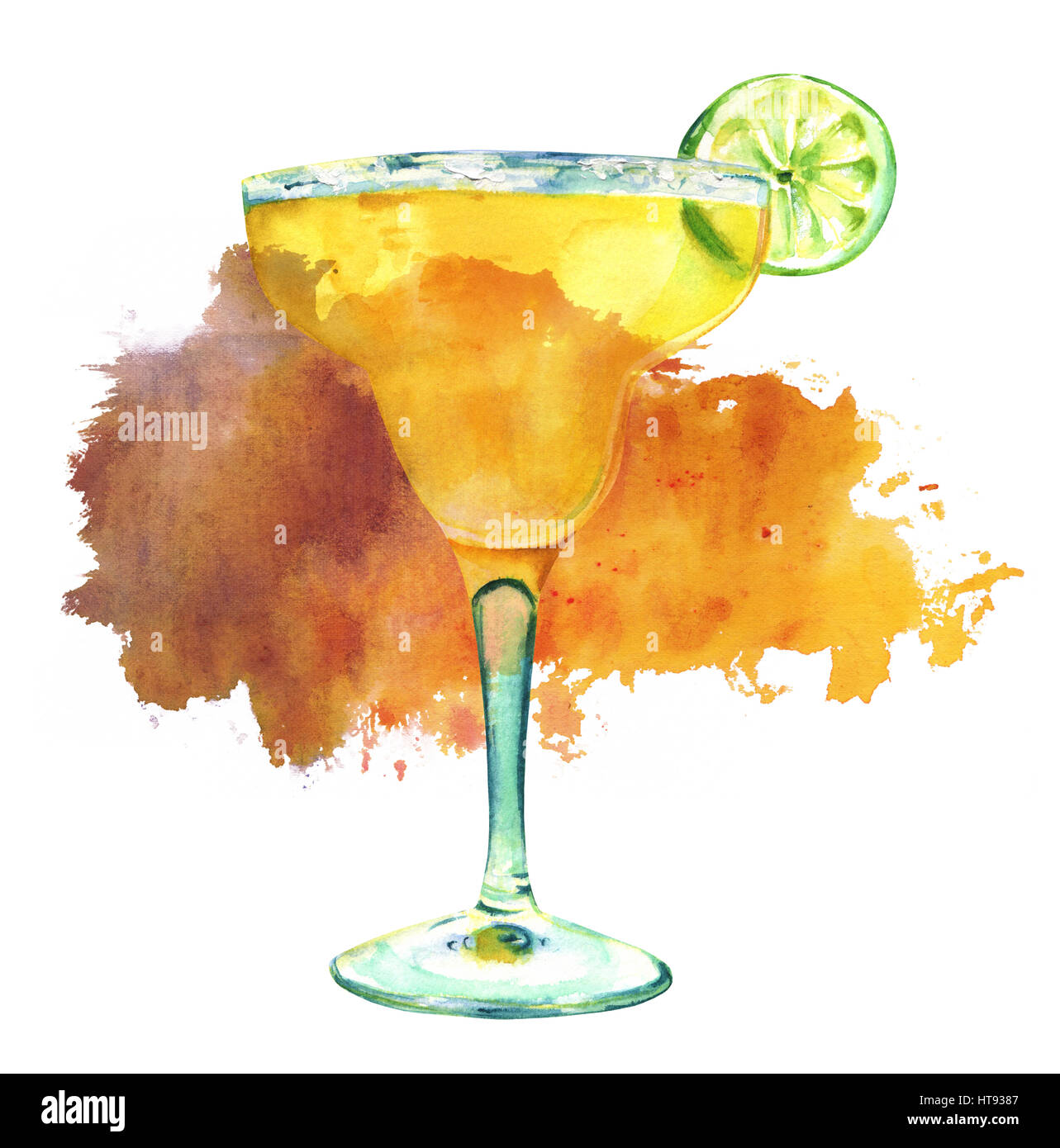 Watercolour Margarita cocktail with textured stain and copyspace Stock