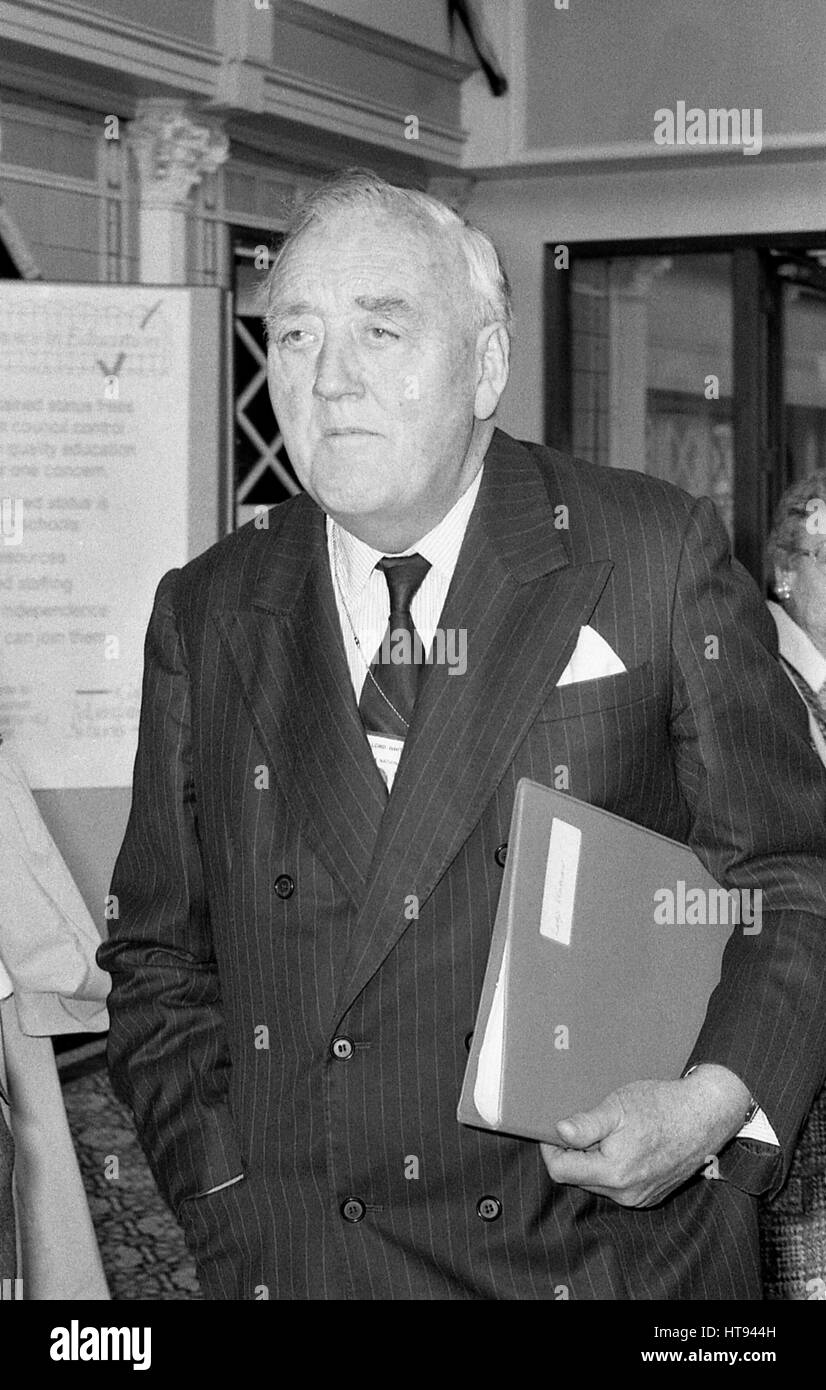 Viscount William Whitelaw, former Deputy Prime Minister and Conservative party Member of Parliament for Penrith and The Border, attends the party conference in Blackpool, England on October 10, 1989. Stock Photo