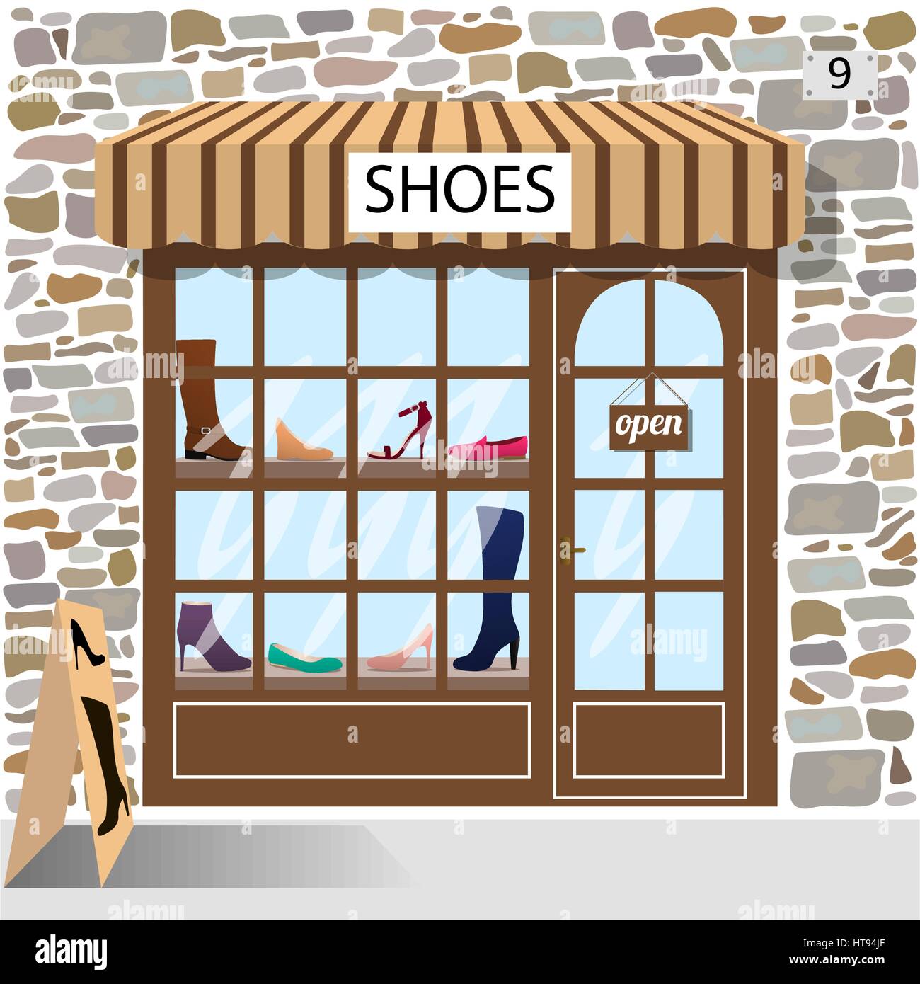 Shoes shop building facade of stone. Stock Vector