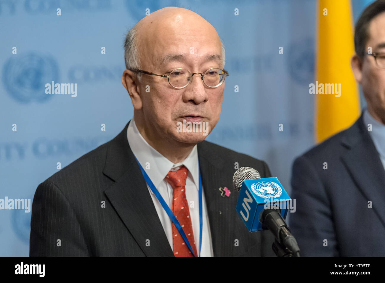 New York, USA. 08th Mar, 2017. Following United Nations Security Council consultations regarding the most recent ballistic missile test by North Korea, the US, Japanese and South Korean Ambassadors to the UN spoke with the press at the Security Council stakeout at UN Headquarters in New York. Credit: Albin Lohr-Jones/Pacific Press/Alamy Live News Stock Photo