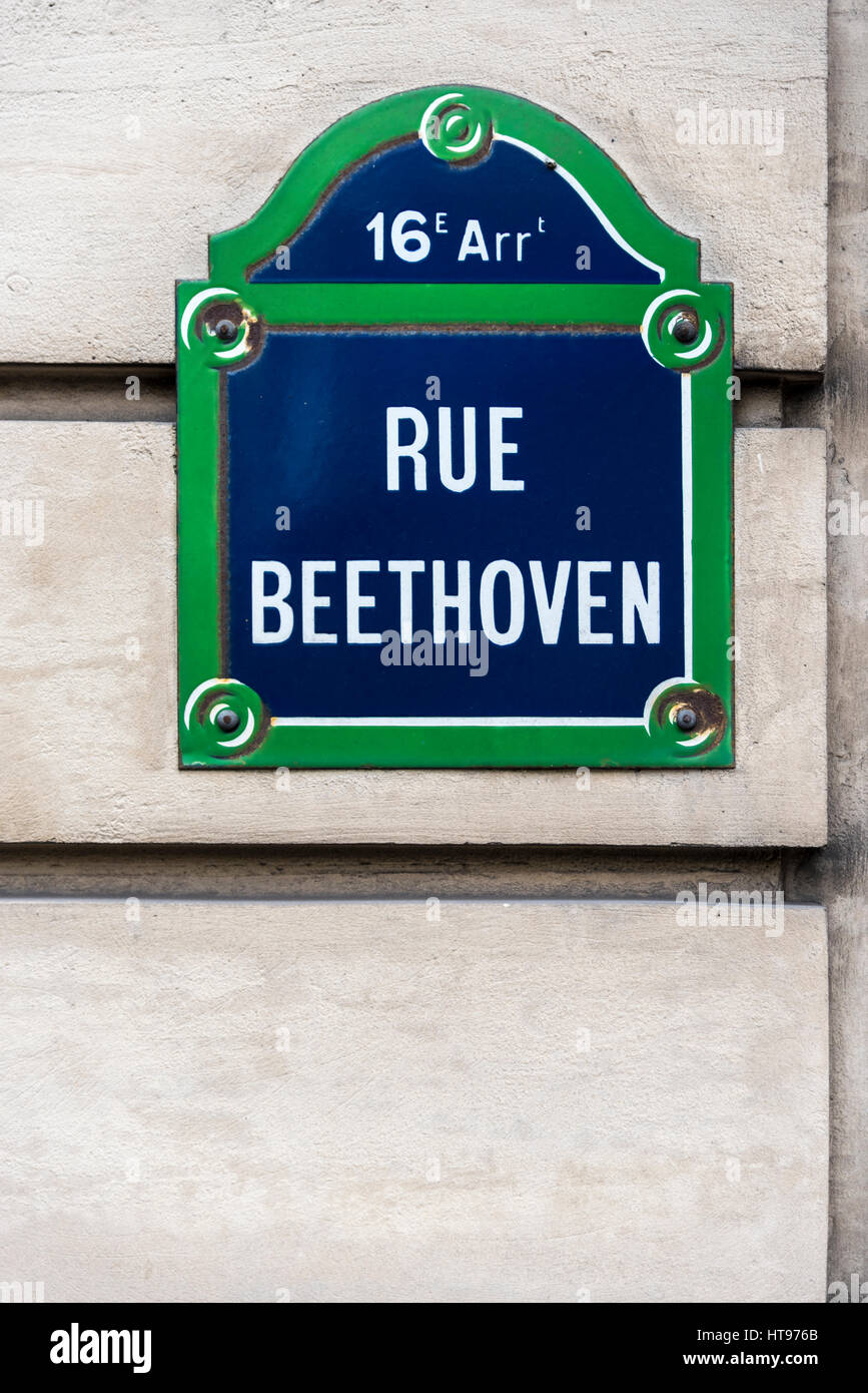 Rue Beethoven road sign in Paris France. Stock Photo