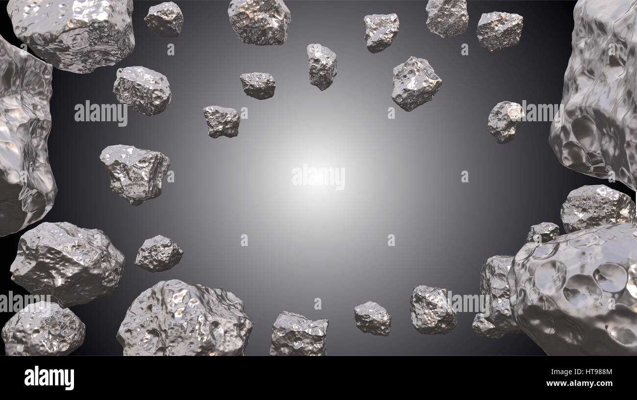 Abstract background in the space with silver asteroids. Copyspace empthy area. Can be used as a decorative greeting grungy or postcard framing for you Stock Photo