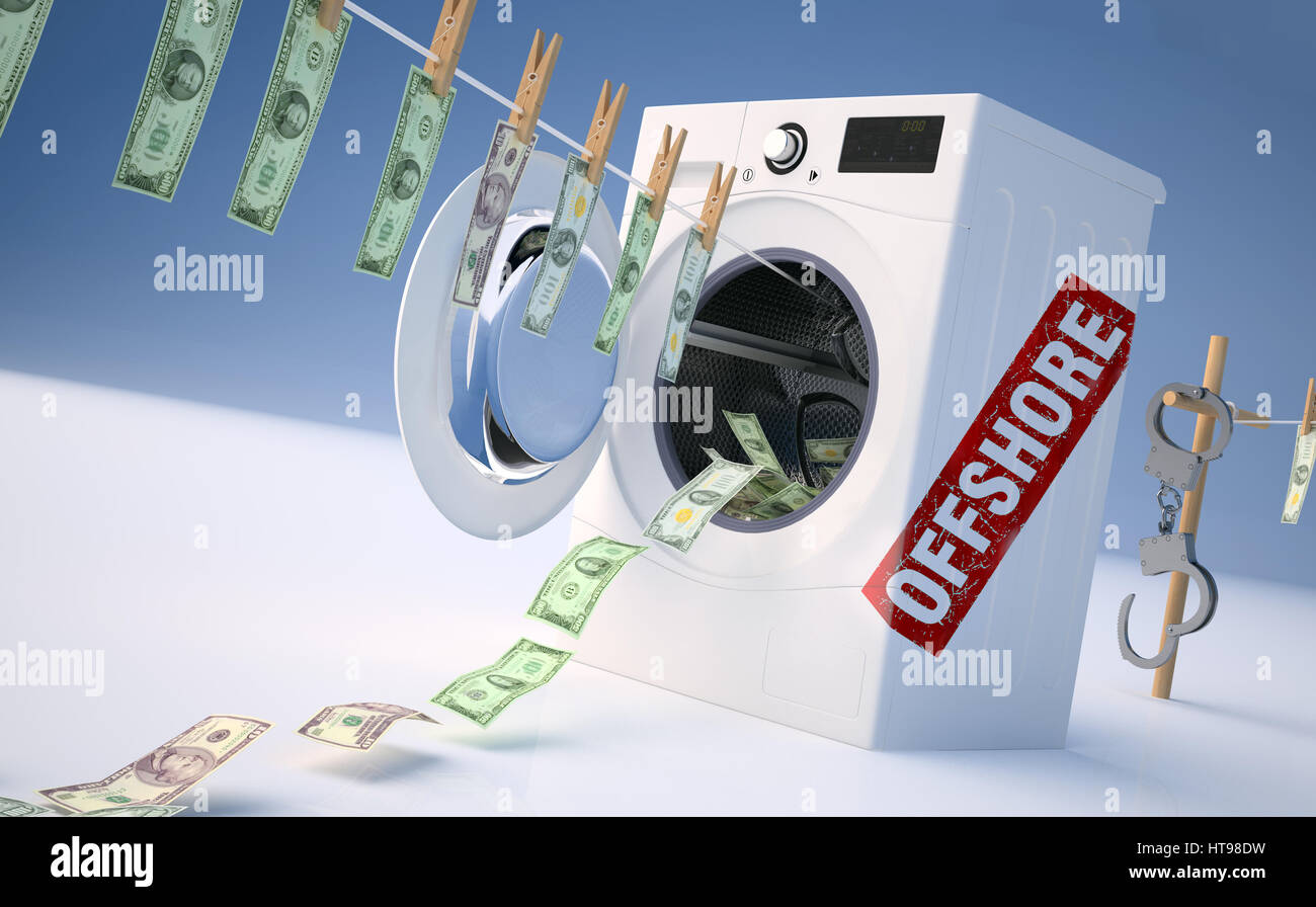 Concept of money laundering, money hanging on a rope coming out of the washing machine, money