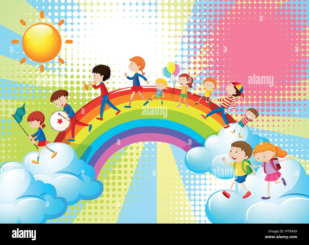 Children playing music in band over the rainbow illustration Stock Vector