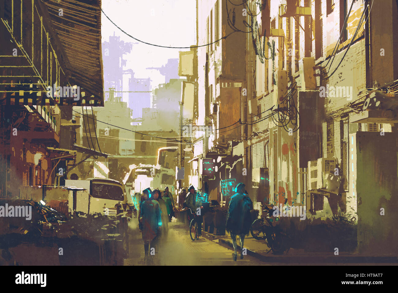 futuristic urban concept showing people walking in city street,illustration painting Stock Photo