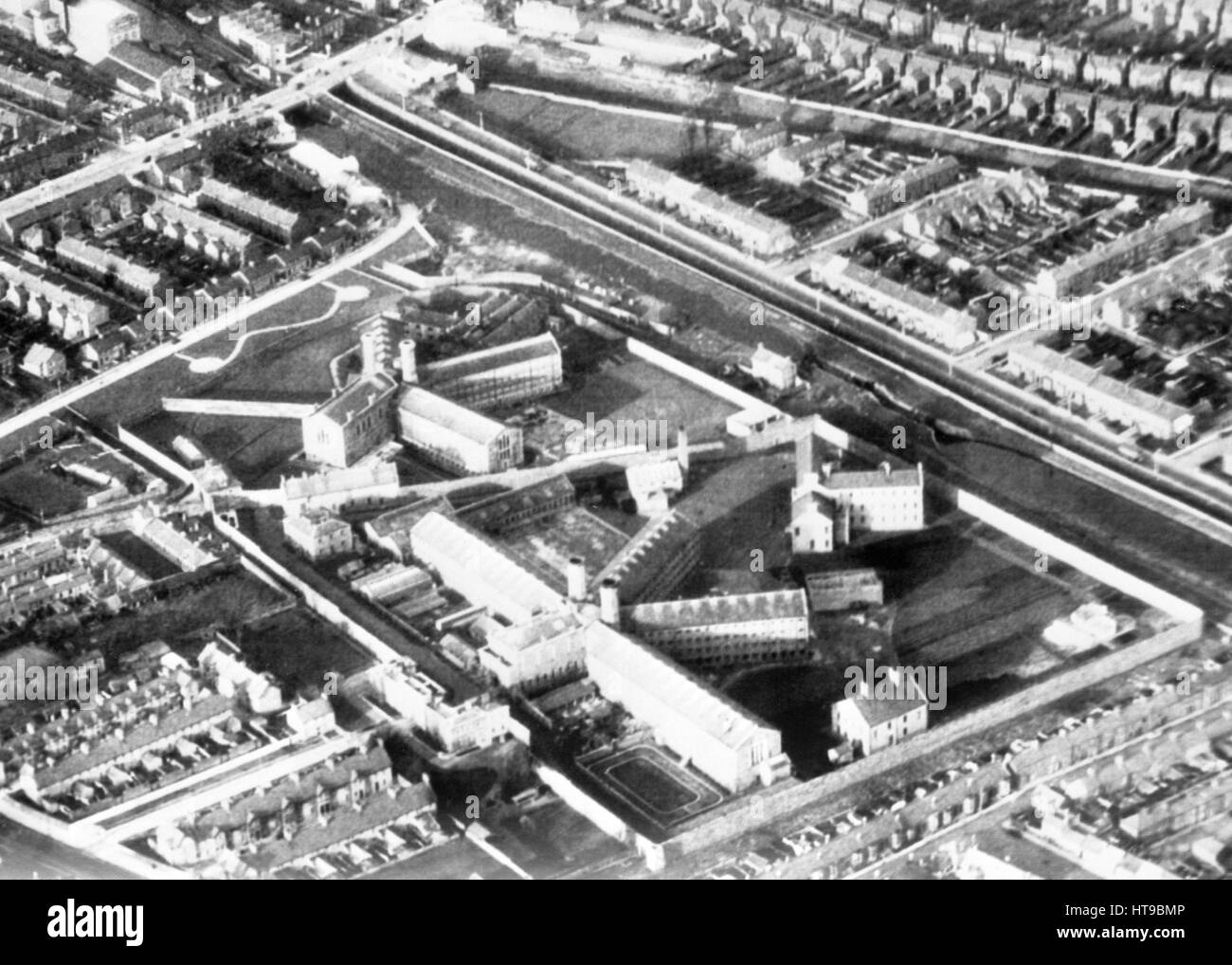An aerial view of Mountjoy Prison in Dublin. Three top Provisional IRA leaders were on the run tonight after a hijacked helicopter whisked them to freedom from the exercise yard. Stock Photo