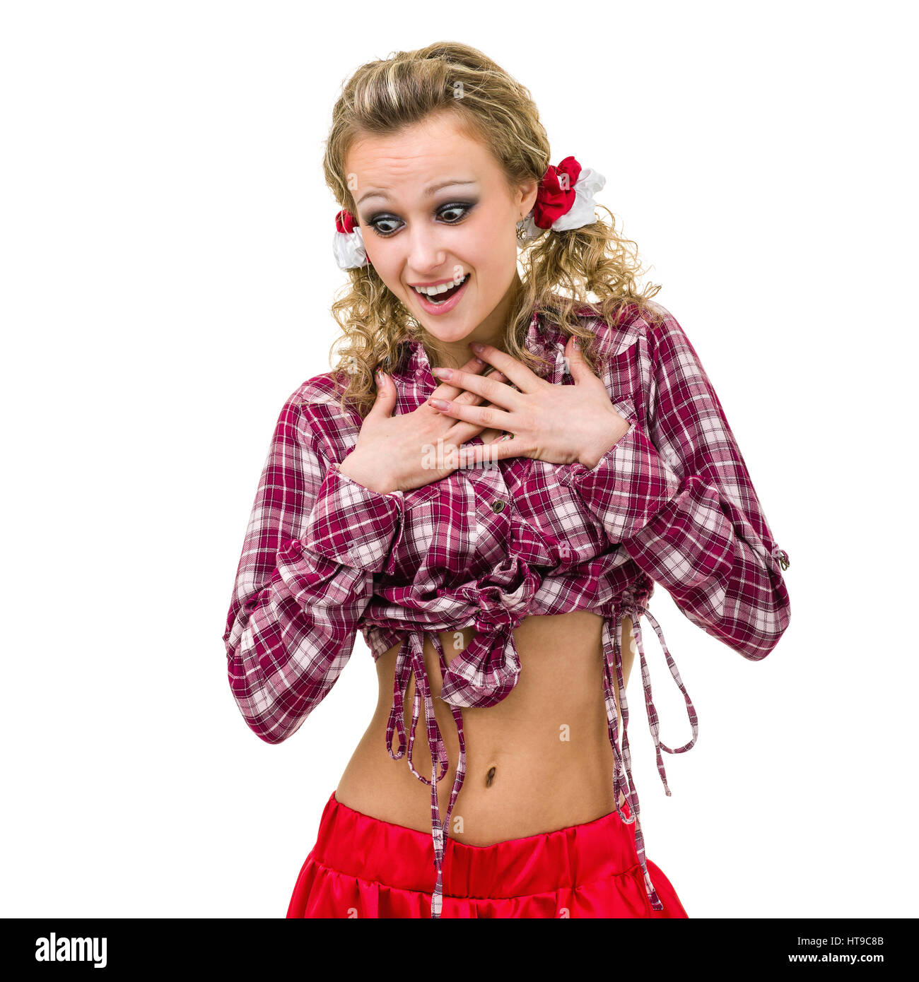 Surprised young woman on a white background Stock Photo - Alamy