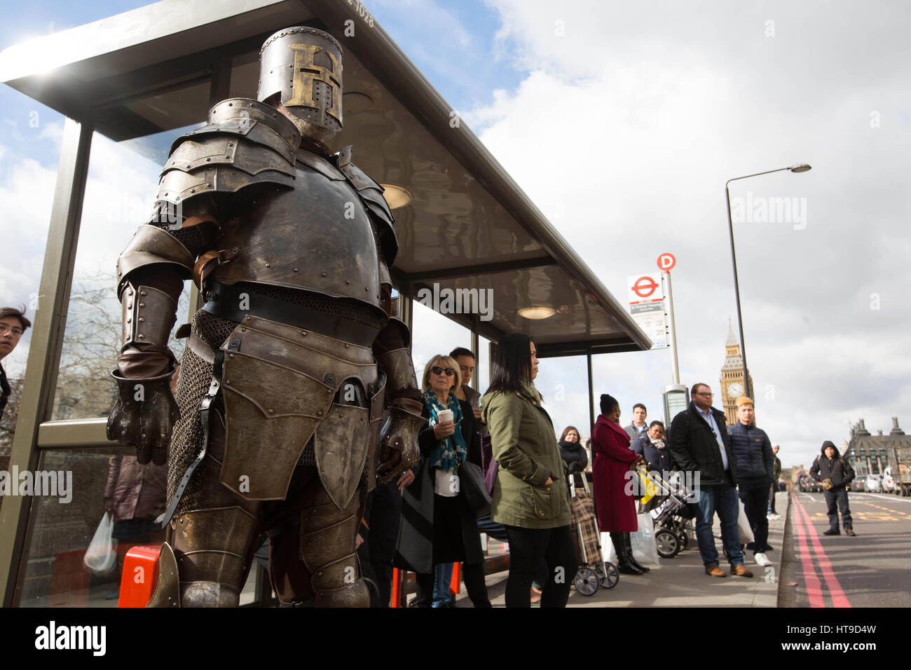 EDITORIAL USE ONLY A seven foot man dressed as a Knight in armour in Westminster, London today as part of the HISTORY's A Big Knight In, which continues tonight with a new episode of Forged in Fire at 9pm. Stock Photo