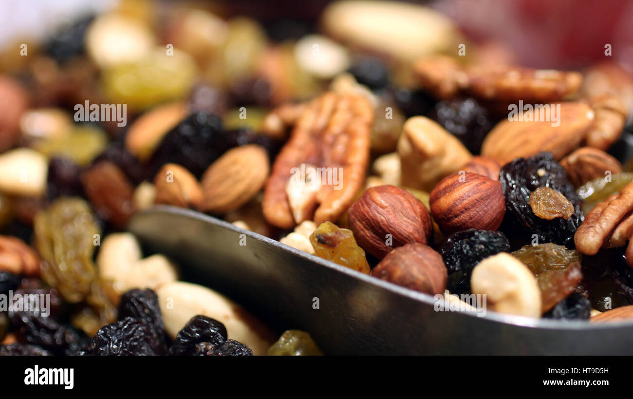 Healthy Mix of raw Nuts and dried fruit made with love in Paris Stock Photo