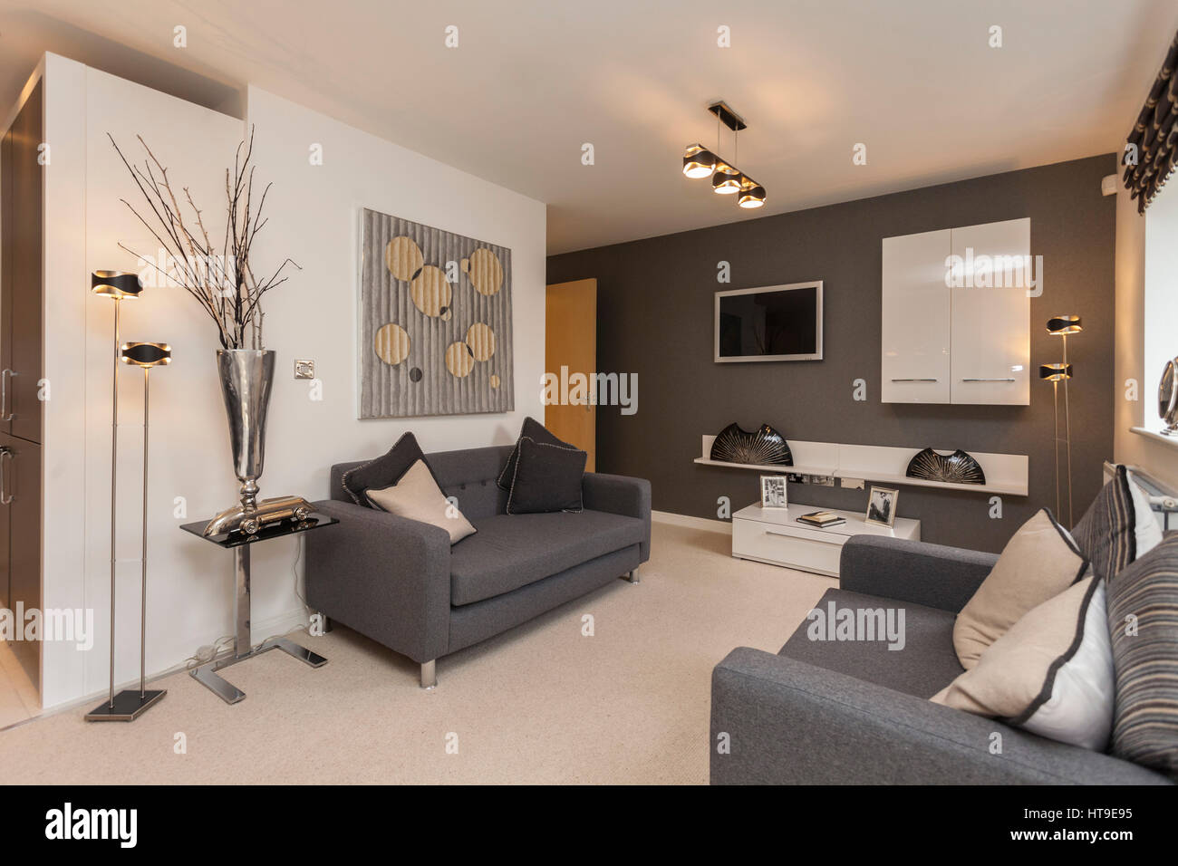 Home interior, modern lounge, new build, grey sofa, cream carpet, Stock Photo