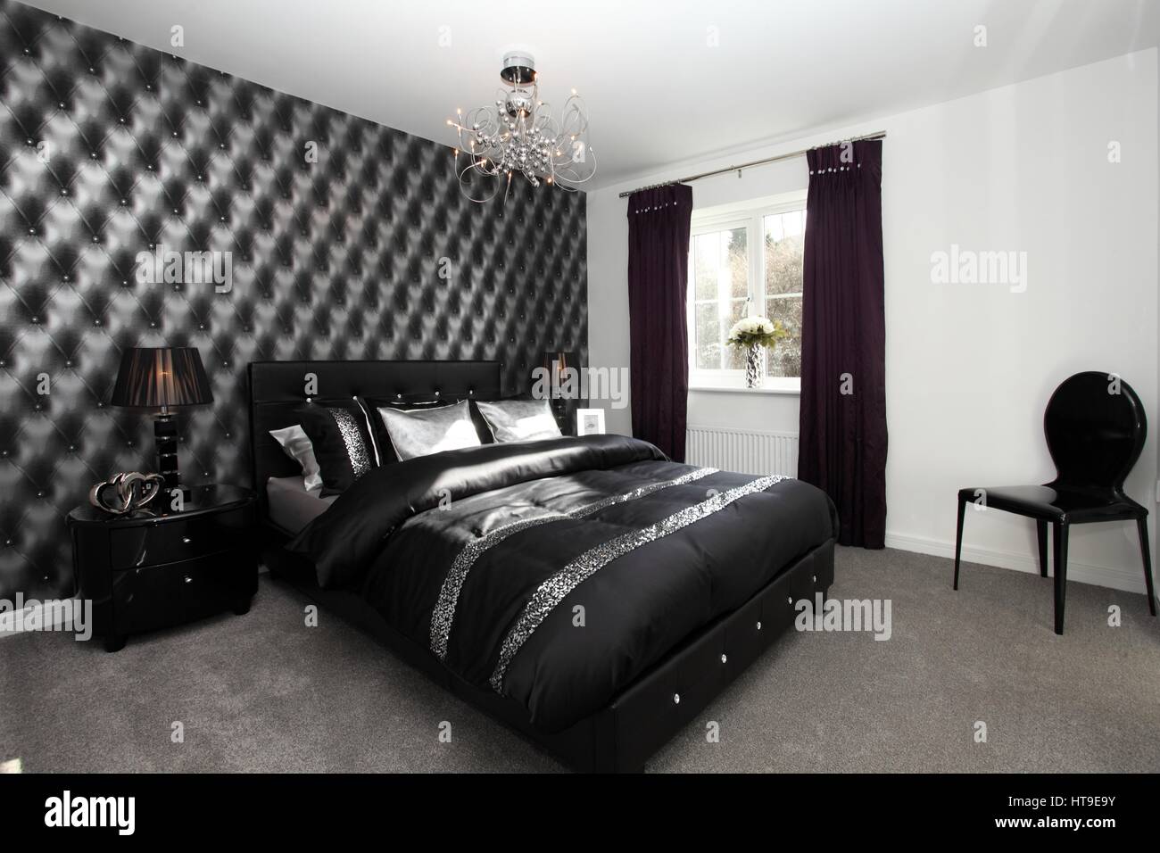 Home interior, dramatic bedroom, black chrome decor, black feature ...
