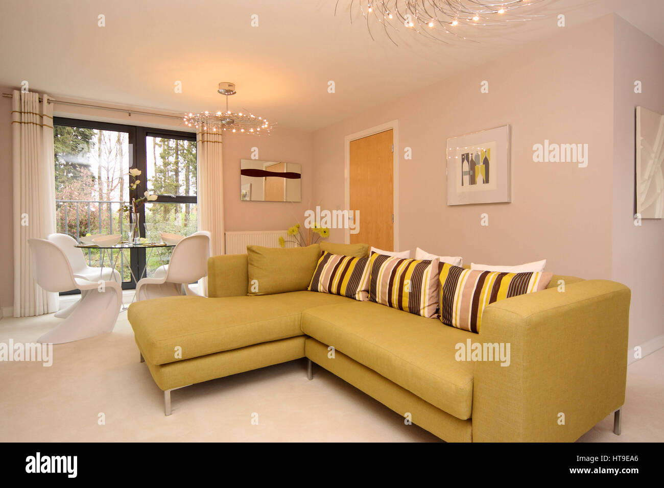 Home interior, lounge decor, modern, new build, yellow sofa, lounge diner, dining area, Stock Photo