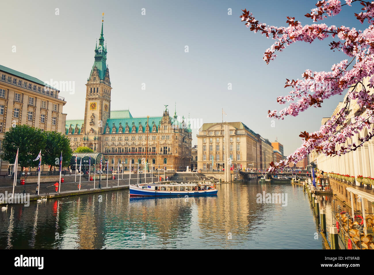 Hamburg townhall and Alster river at spring Stock Photo