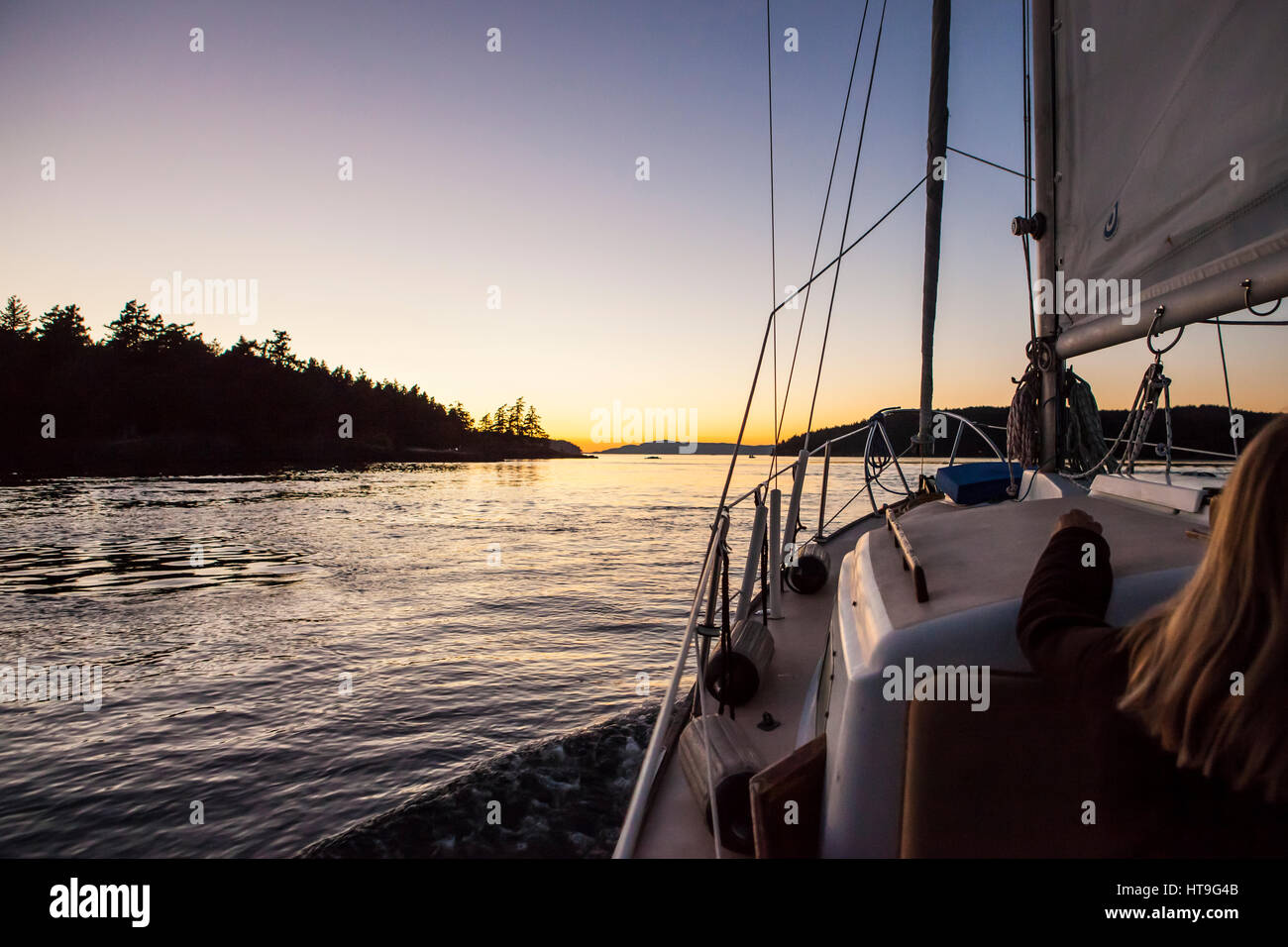Sunset in the San Juan Islands from a sailboat near Orcas Island, Washington Stock Photo