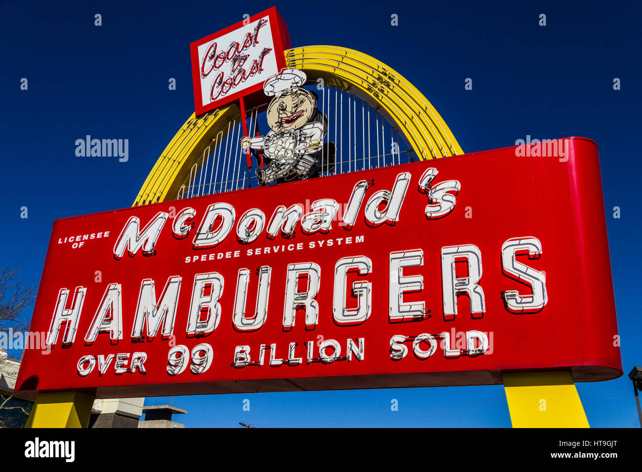 Muncie - Circa March 2017: Legacy McDonald's Hamburger Sign with Speedee. This Sign was Installed in 1956 and Restored in 2013 IX Stock Photo