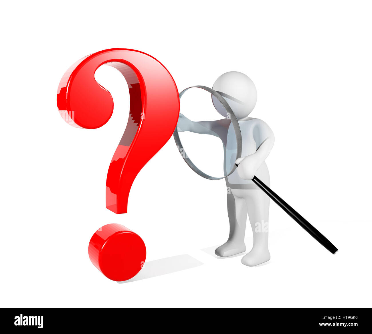 3D man using magnifying glass detecting red question mark, conceptual image presenting problem detected Stock Photo