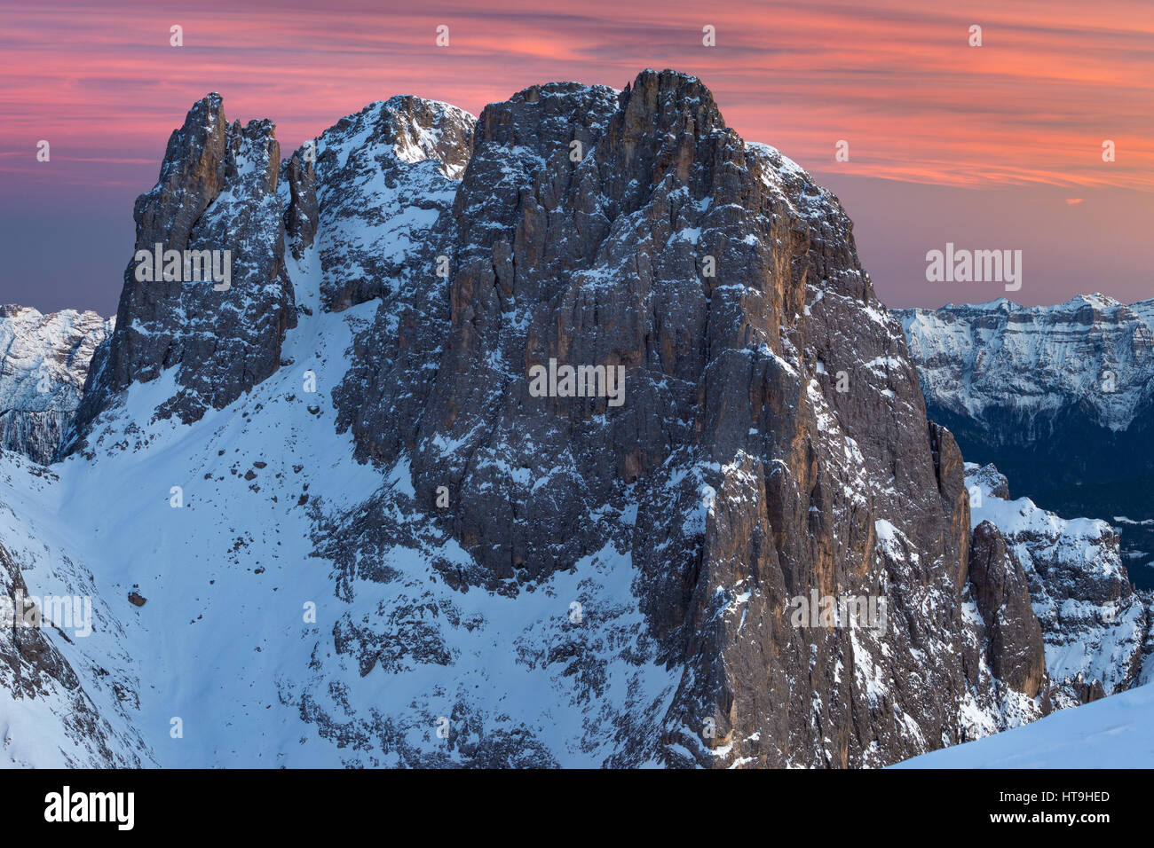 The Pale di San Martino mountain group. Twilight at sunset. The Ball and Val di Roda peaks,  The Dolomites of Trentino. Italian Alps. Europe. Stock Photo