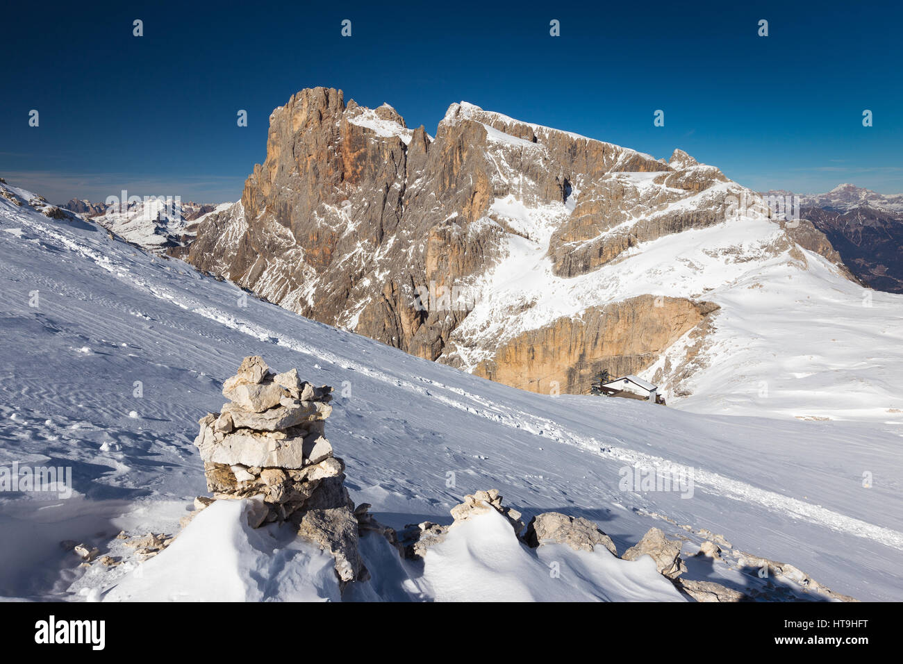 The Pale di San Martino mountain group. View on Cimon della Pala peak. The Dolomites of Trentino in winter season. Italian Alps. Europe. Stock Photo