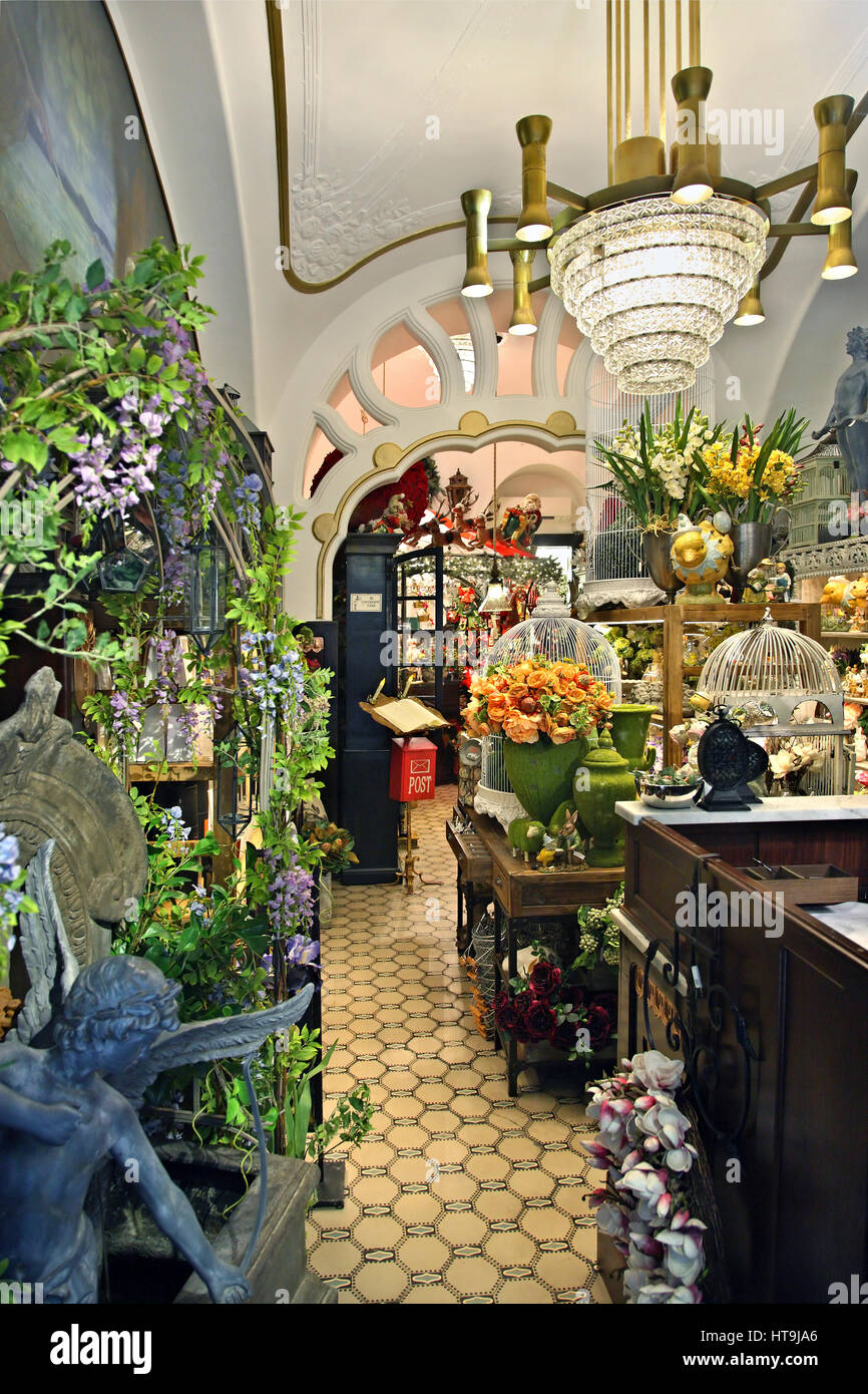 Famous Philanthia flower shop, with its beautiful, original art nouveau interior from 1906. Vaci utca (street), Pest, Budapest, Hungary Stock Photo