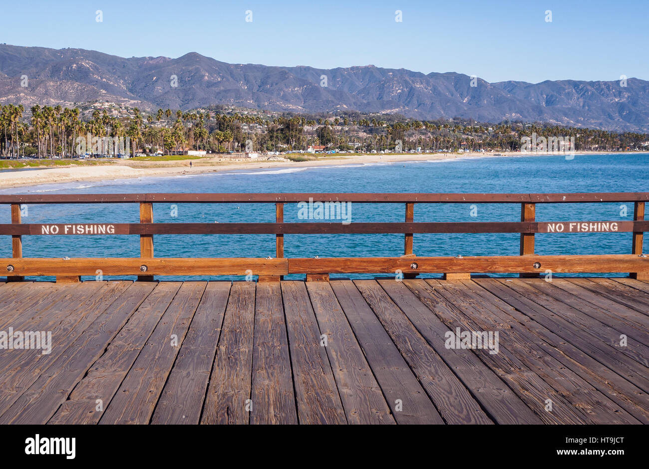No Fishing sign on a boardwalk in picturesque Santa Barbara, California Stock Photo