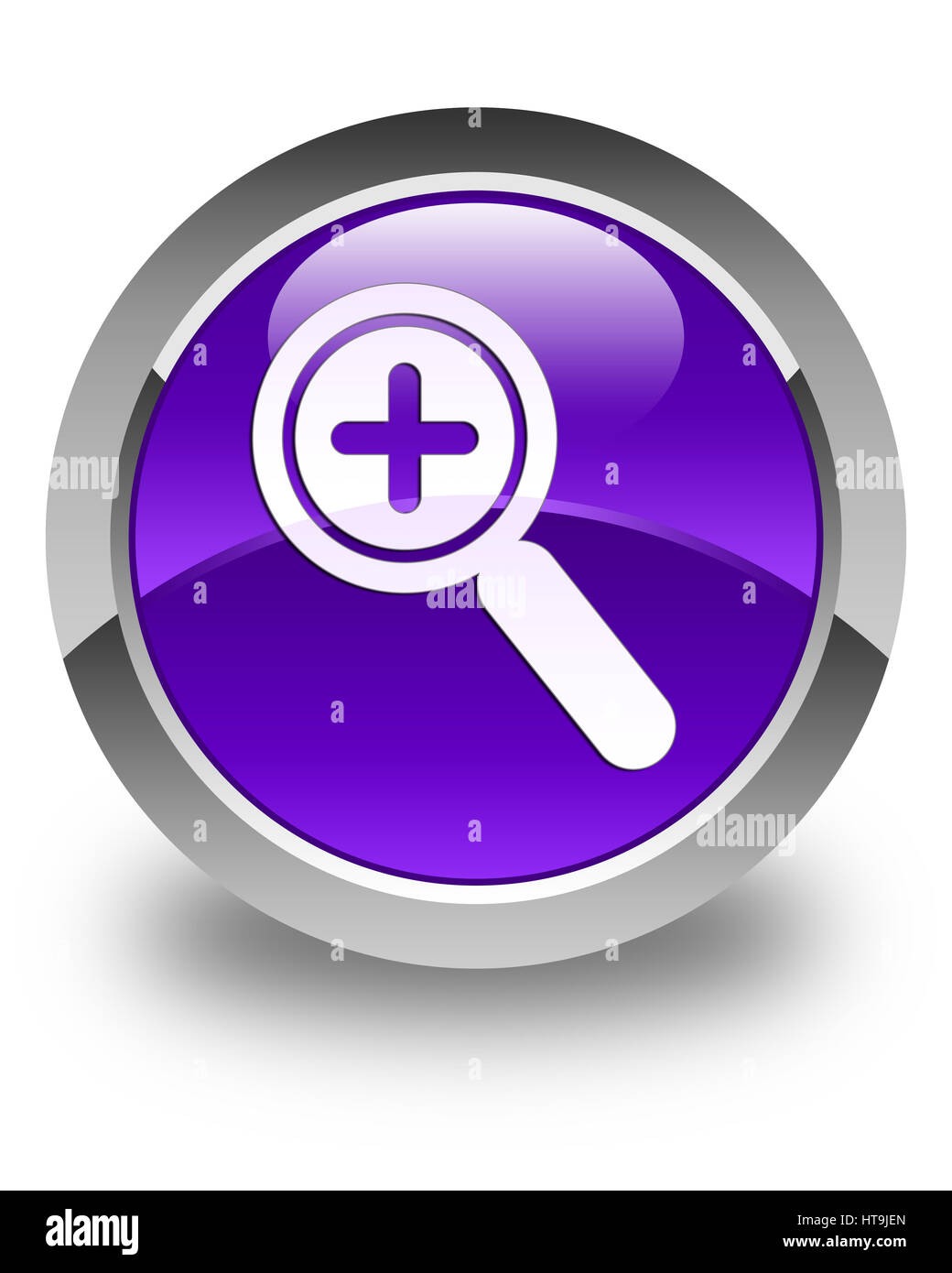 Zoom in icon isolated on glossy purple round button abstract illustration Stock Photo