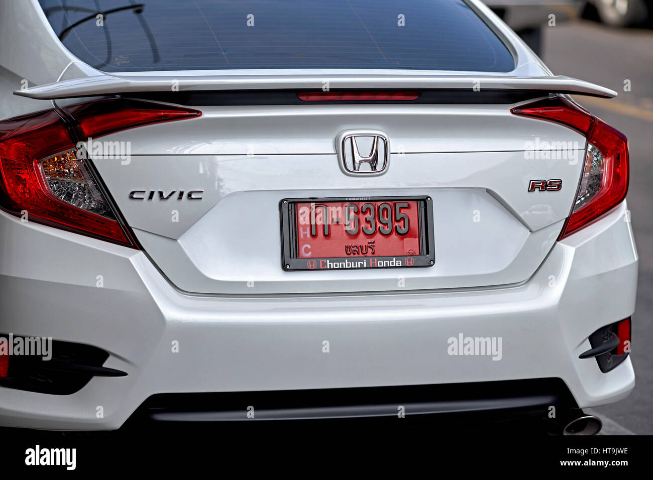 Honda Civic RS car, 2017 model in white. Red license plate signifying new ownership. Thailand Southeast Asia Stock Photo
