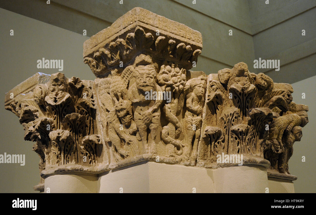 Capitals from the Camarasa pillar depicting the Original Sin and the Binding of Isaac. Last quarter of 12th century. Anonymous. From the Church of Saint Michael (San Miquel) of Camarasa, Lleida province. National Art Museum of Catalonia. Barcelona. Catalonia. Spain. Stock Photo