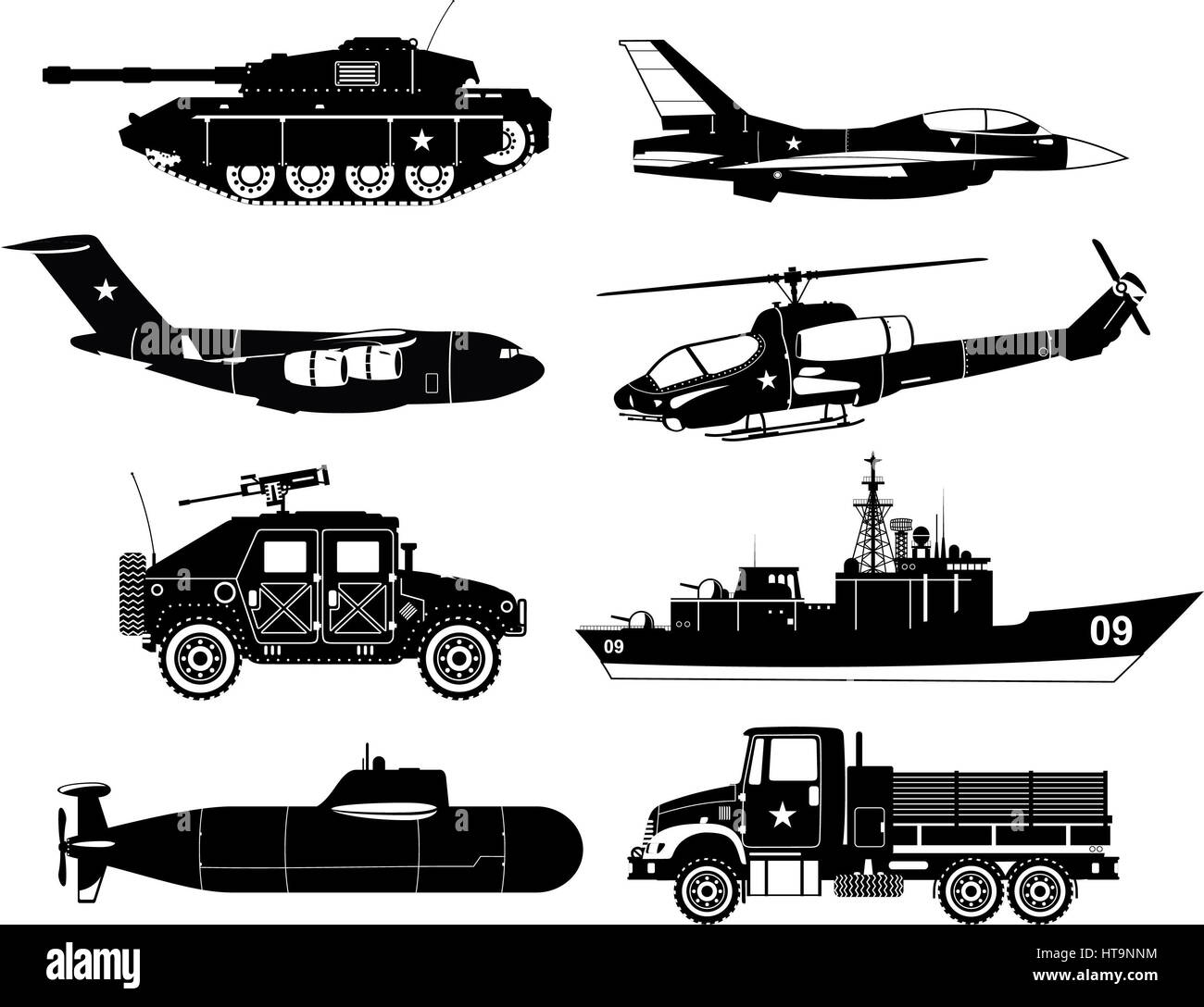 War Vehicles Black & White, with tank, war plane, war air craft, war missile air craft, helicopter, transporter, ship, war ship, war submarine, war ca Stock Photo