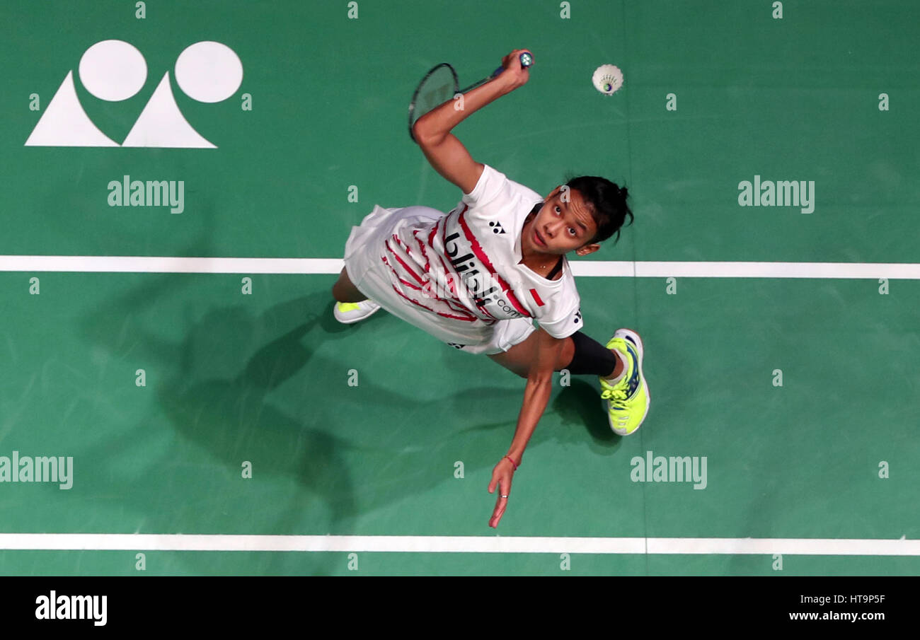 Indonesia's Dinar Dyah Ayustine in action during her Women's singles match during day three of the YONEX All England Open Badminton Championships at the Barclaycard Arena, Birmingham. Stock Photo