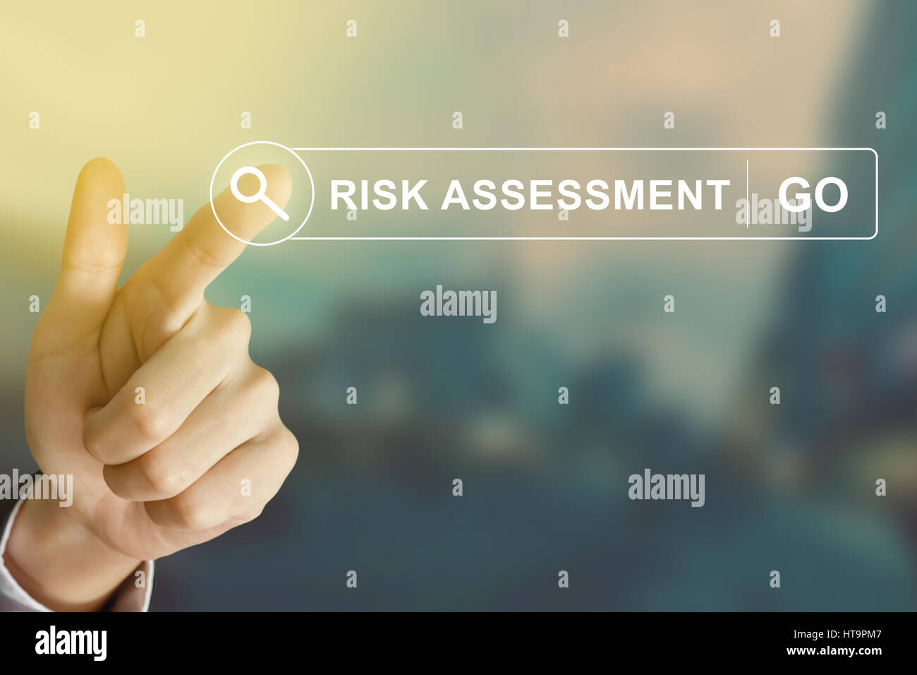 Click With Risk business hand clicking risk assessment button on search toolbar with ...