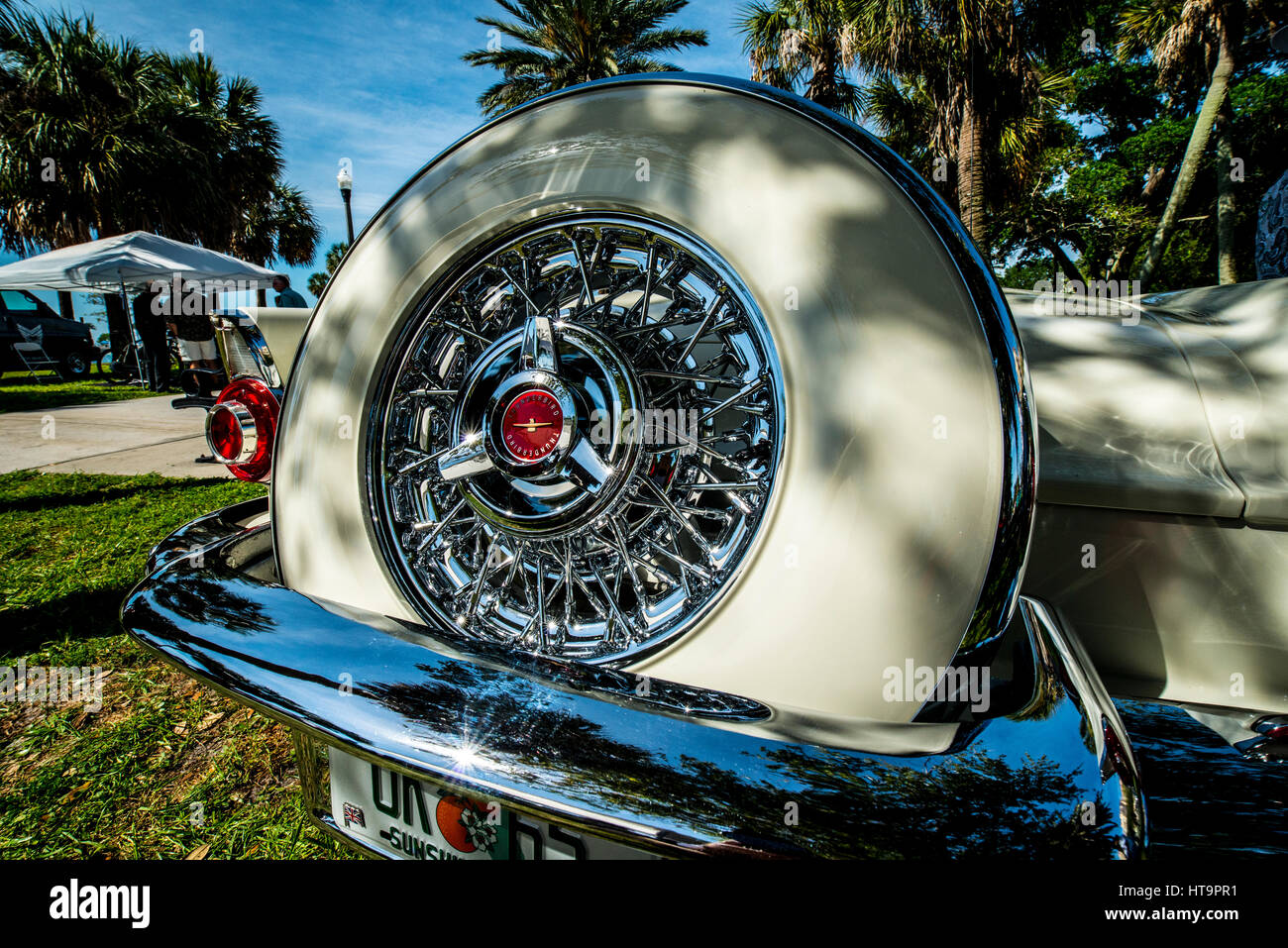 vintage tire of a retro Thunderbird on back of car Stock Photo