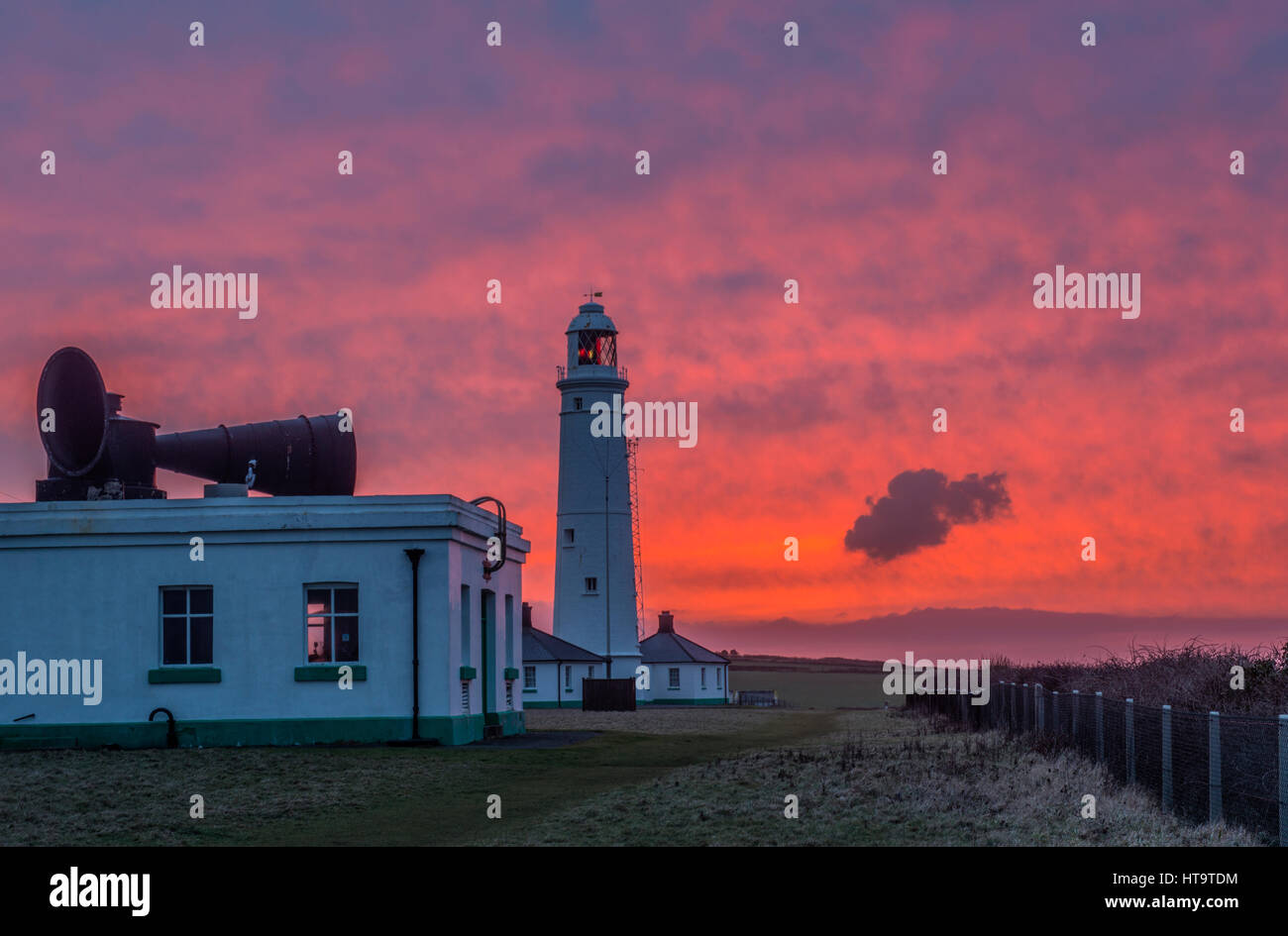 Nash Point Lighthouse, foghorn and Sunrise, Glamorgan Heritage Coast, south Wales Stock Photo