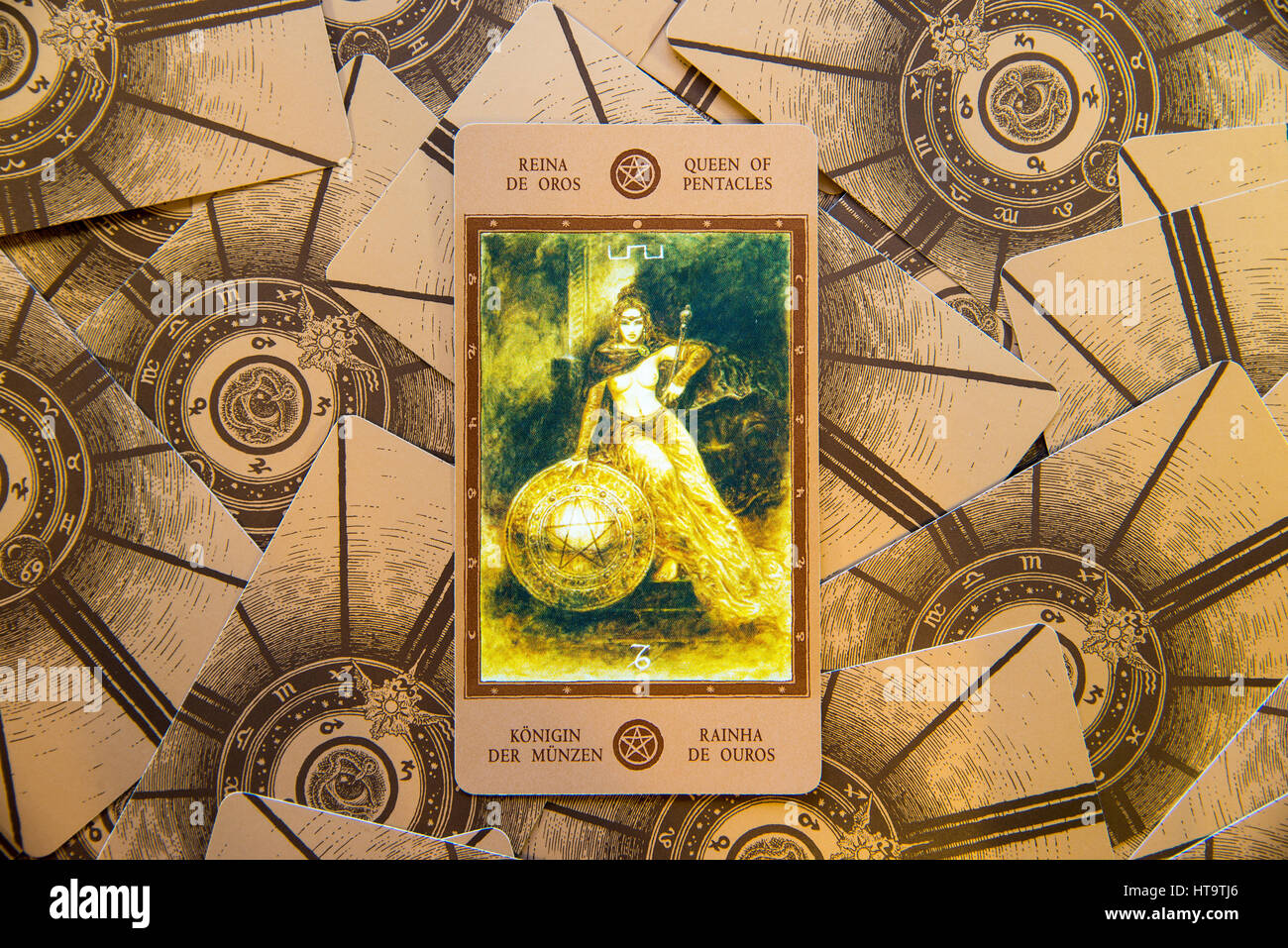 Moscow, Russia - January 29, 2017: Tarot card Qeen of Pentacles. Labirinth tarot deck. Esoteric background Stock Photo