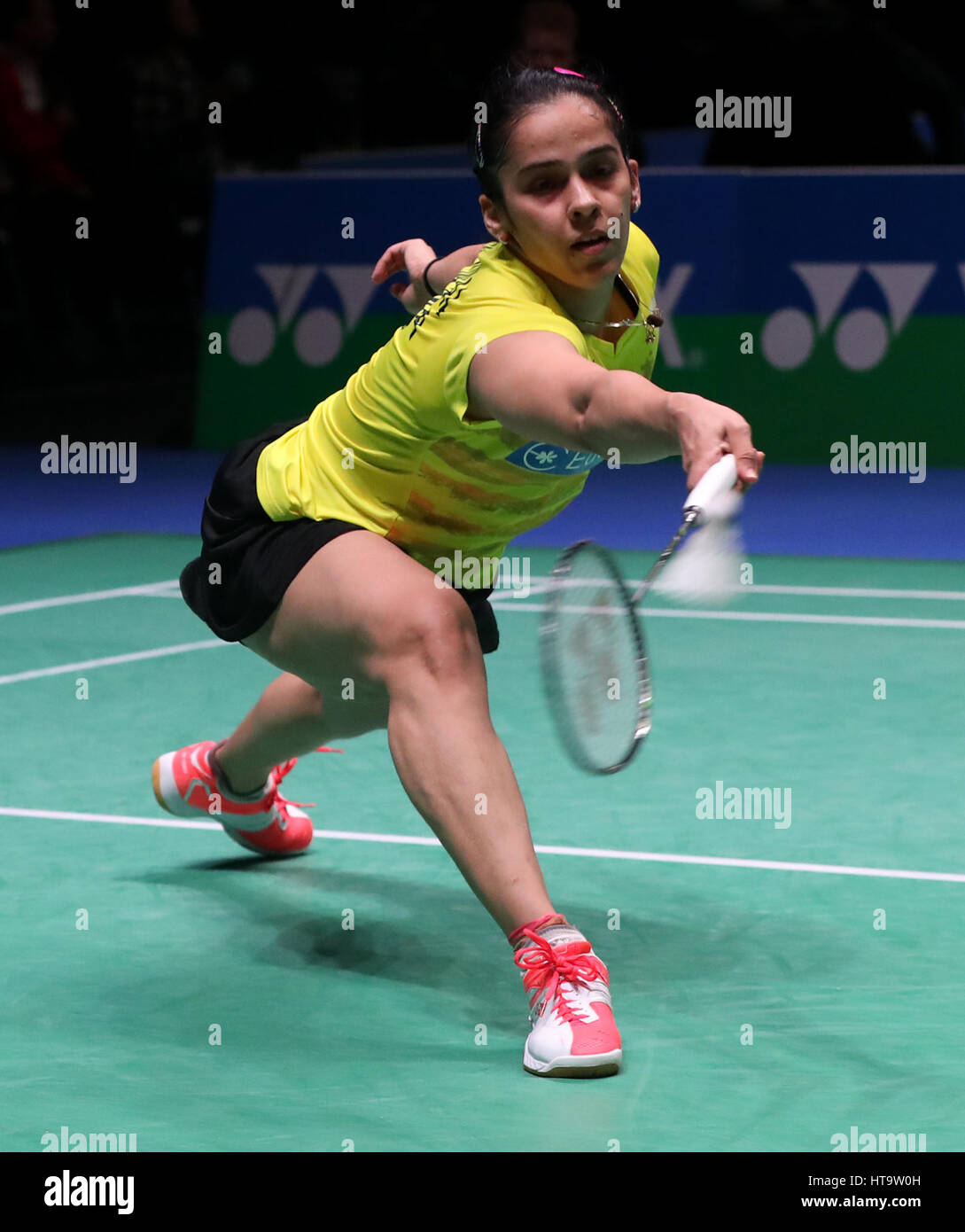 India's Sania Nehwal in action during her Women's singles match during day three of the YONEX All England Open Badminton Championships at the Barclaycard Arena, Birmingham. Stock Photo