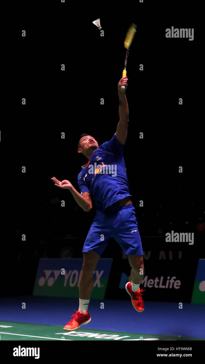 China's Lin Dan in action during his Women's singles match during day three of the YONEX All England Open Badminton Championships at the Barclaycard Arena, Birmingham. Stock Photo