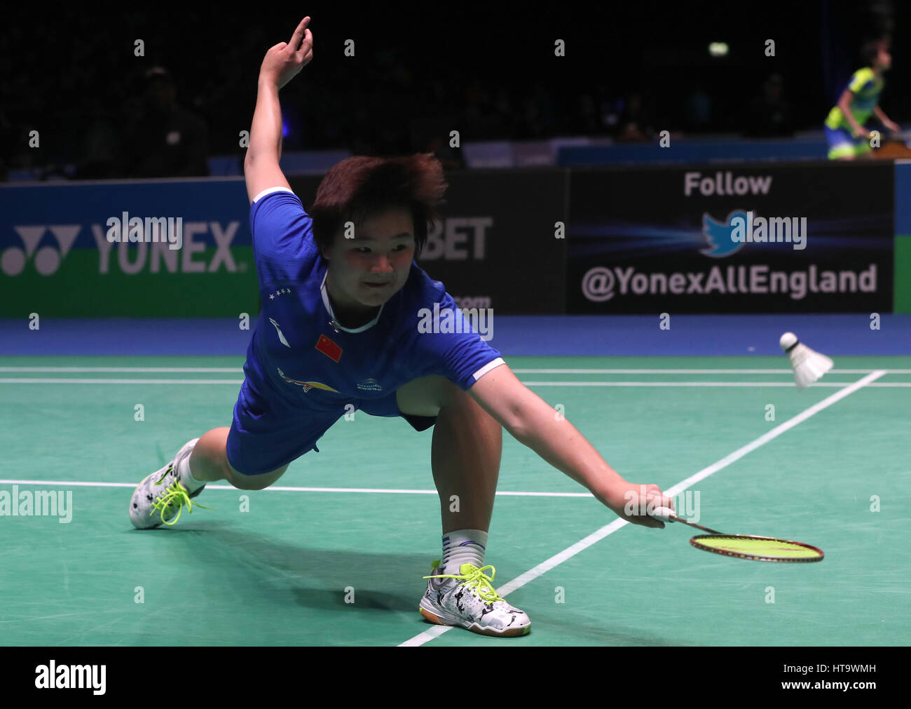 China's He Bingjiao in action during her Women's singles match during day three of the YONEX All England Open Badminton Championships at the Barclaycard Arena, Birmingham. Stock Photo