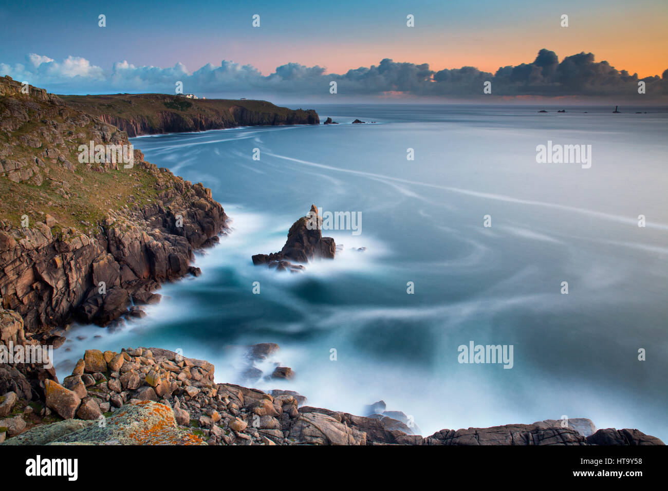 Land's End at  Dusk; From Sennen; Cornwall; UK Stock Photo