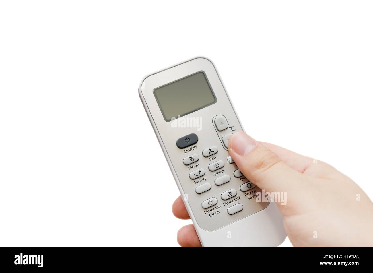 Hand holding remote control isolated on white. air conditioner remote control isolated concept Stock Photo