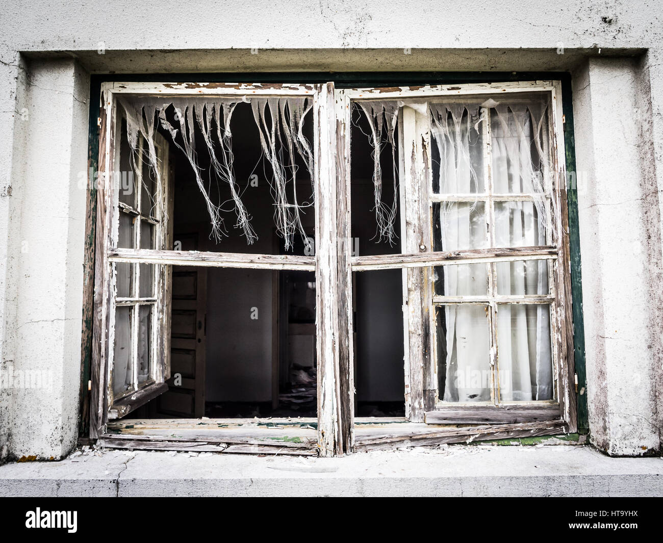 Window of an abandoned house in Alentejo region, Portugal. Stock Photo