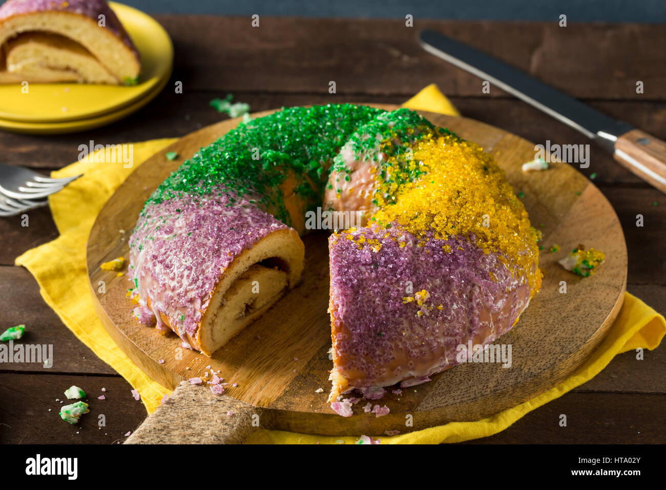 Homemade Colorful Mardi Gras King Cake for Fat Tuesday Stock Photo