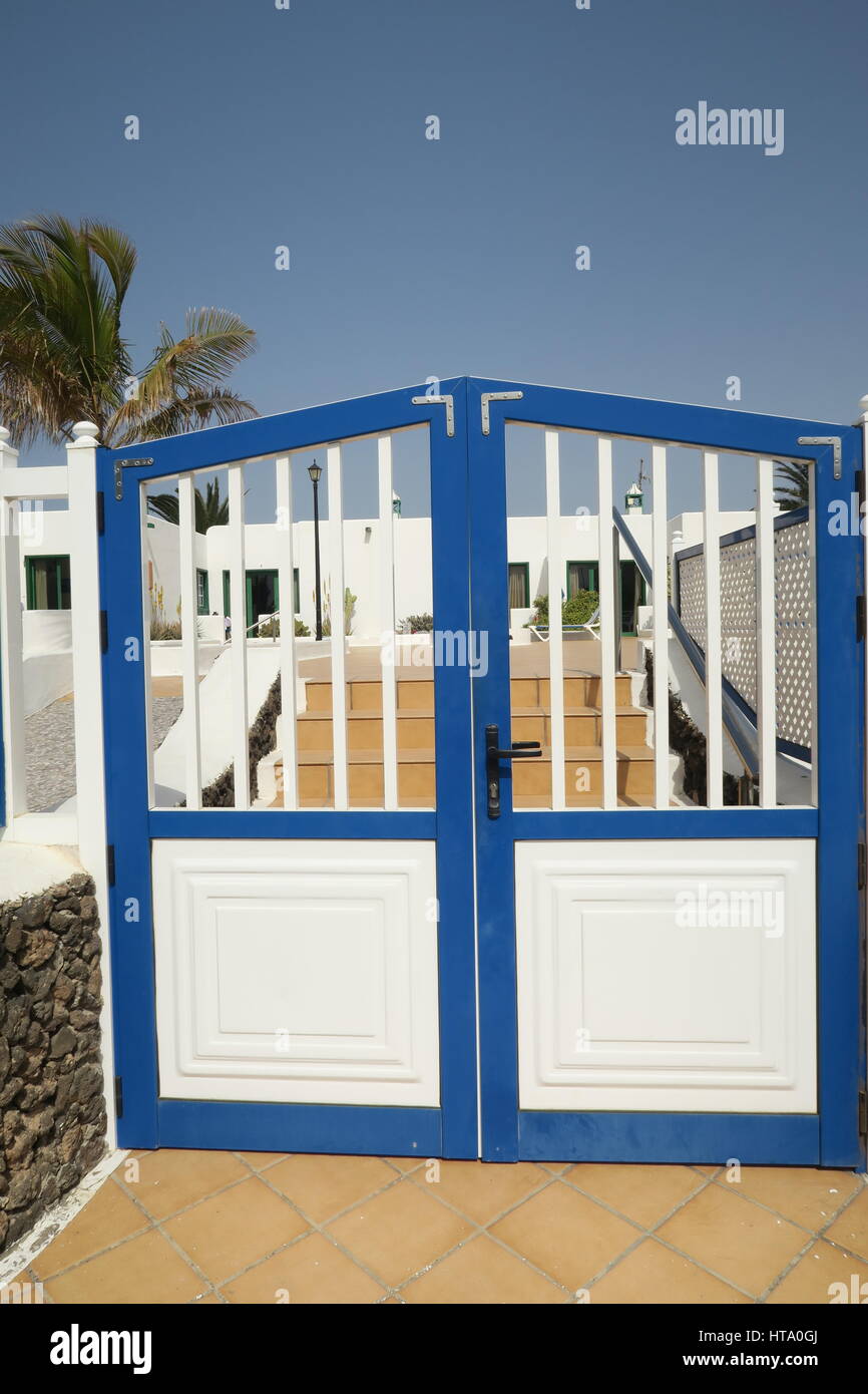 Blue and White Gate, Matagorda, Lanzarote Stock Photo
