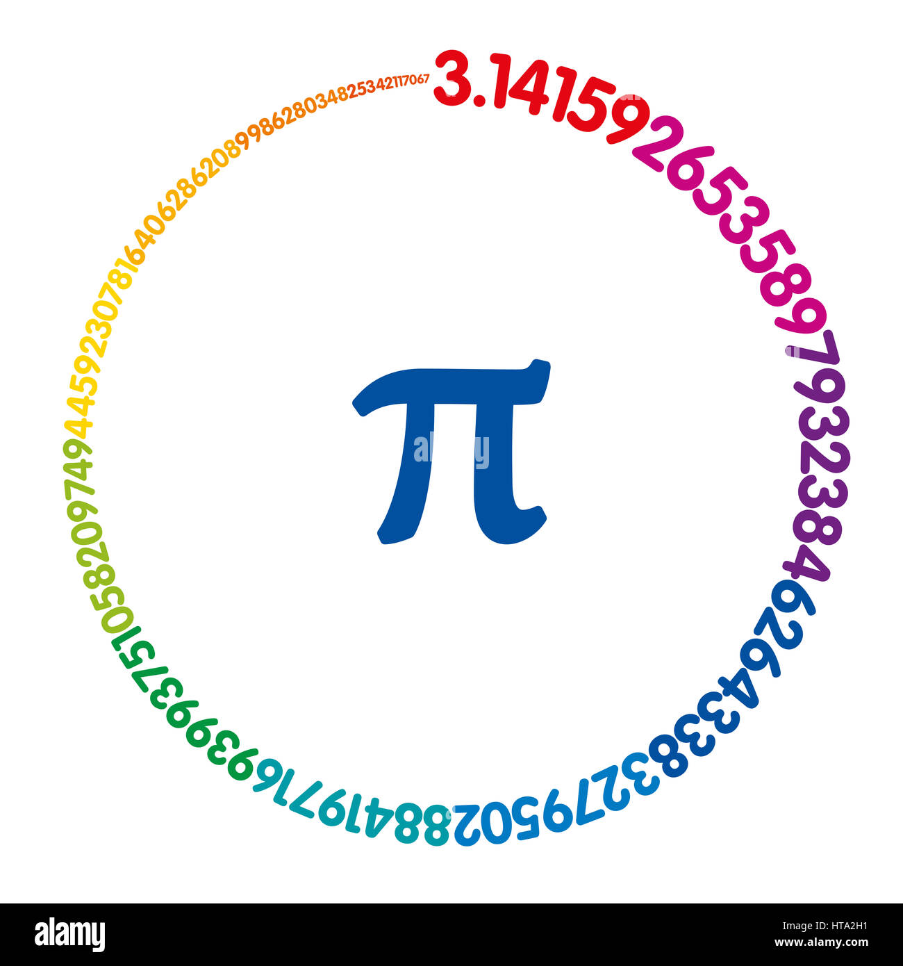 Hundred digits of number Pi forming a rainbow colored circle. Value of infinite number Pi accurate to ninety-nine decimal places. Spectrum colored. Stock Photo