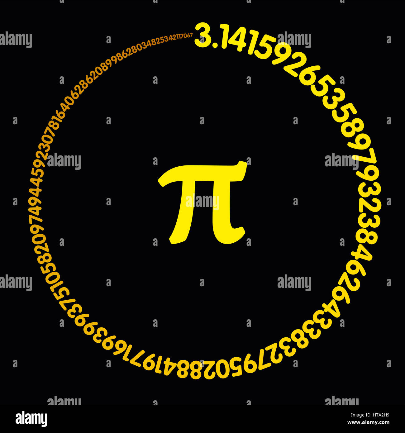 Golden number Pi. Hundred digits of the constant forming an orange-yellow colored circle. Value of infinite number Pi accurate to ninety-nine decimals Stock Photo