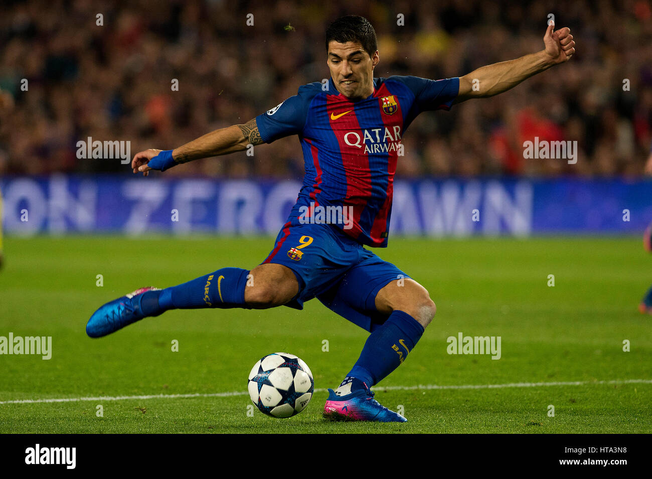 Barcelona. 8th Mar, 2017. Luis Suarez of Barcelona shoots during the UEFA  Champions League Round of 16 second leg match between Barcelona and Paris  Saint-Germain in Barcelona, Spain on March 8, 2017.